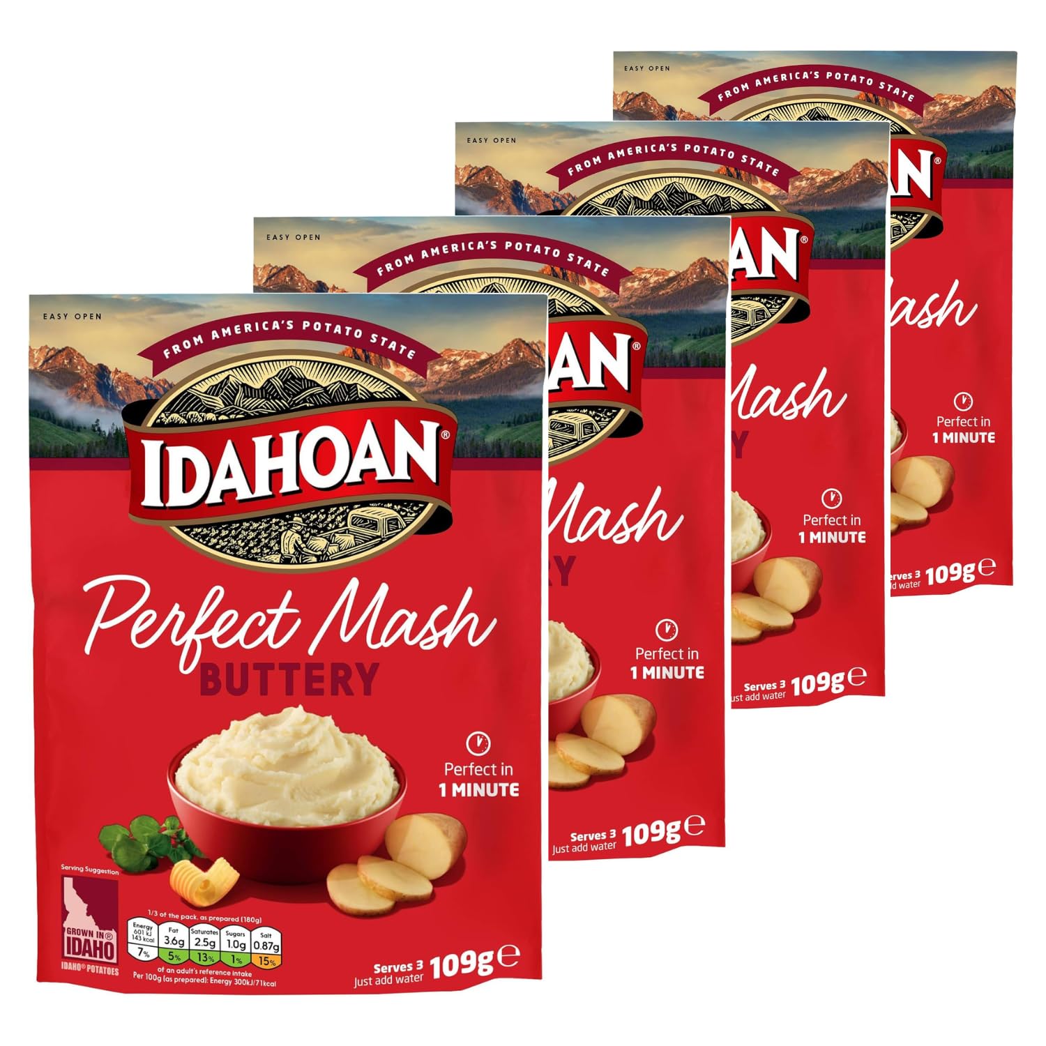 Idahoan Mashed Potato Buttery Pack of 4 x 109g, Instant Mash Potato, Product of USA, Real Potatoes, Real Easy