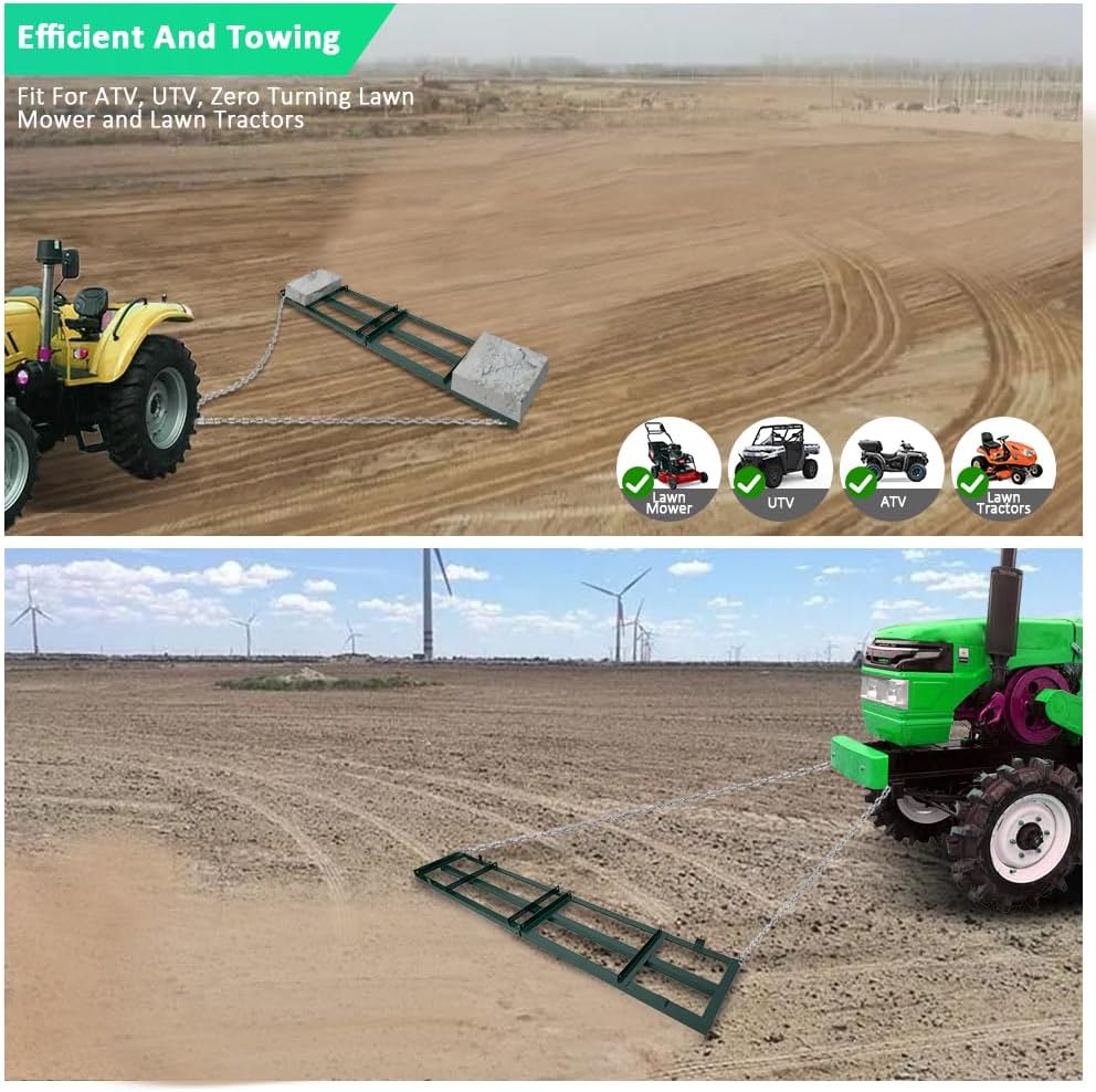 Yeeoy 8 FT Drag Harrow, Driveway Drag Grader Landscape Power Rake, Tow Behind Yard Lawn Leveling Tool with 6 Ft Heavy Duty Chain for ATV, UTV, Tractor, Mower
