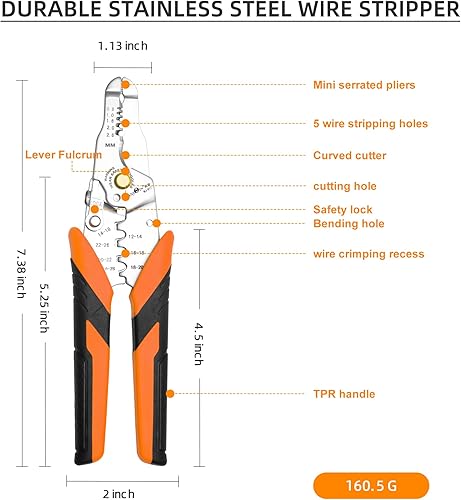 Miniatura 2 de Pelacables y crimpadoras de cables, herramienta de prensado de pelacables de 7.38 pulgadas, pelacables profesionales con crimpador de alambre,
