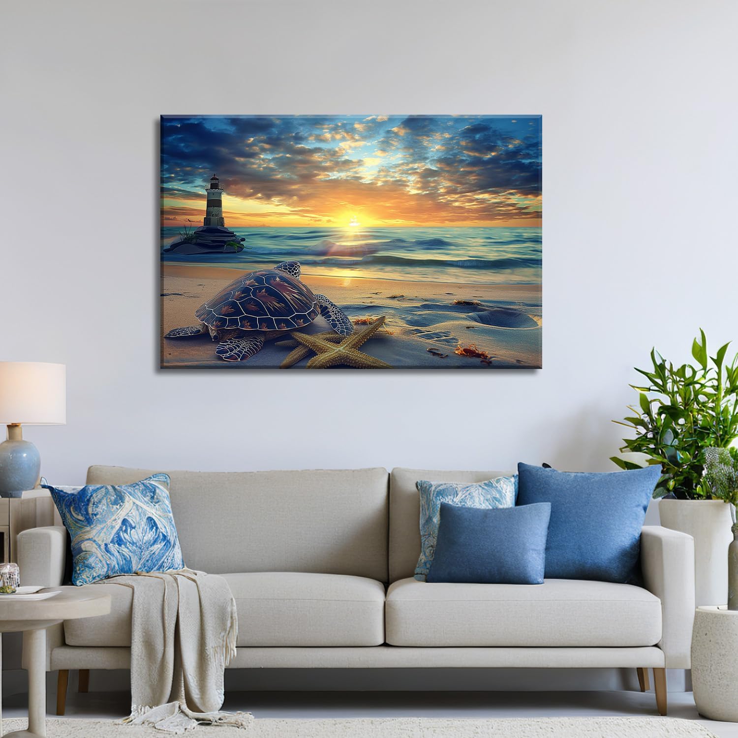 Sea Turtle Canvas Wall Art Bathroom Decor Turtle on Beach Picture Ocean Lighthouse Painting Prints Coastal Lakeside Cabin Decor Framed - 20"x30"