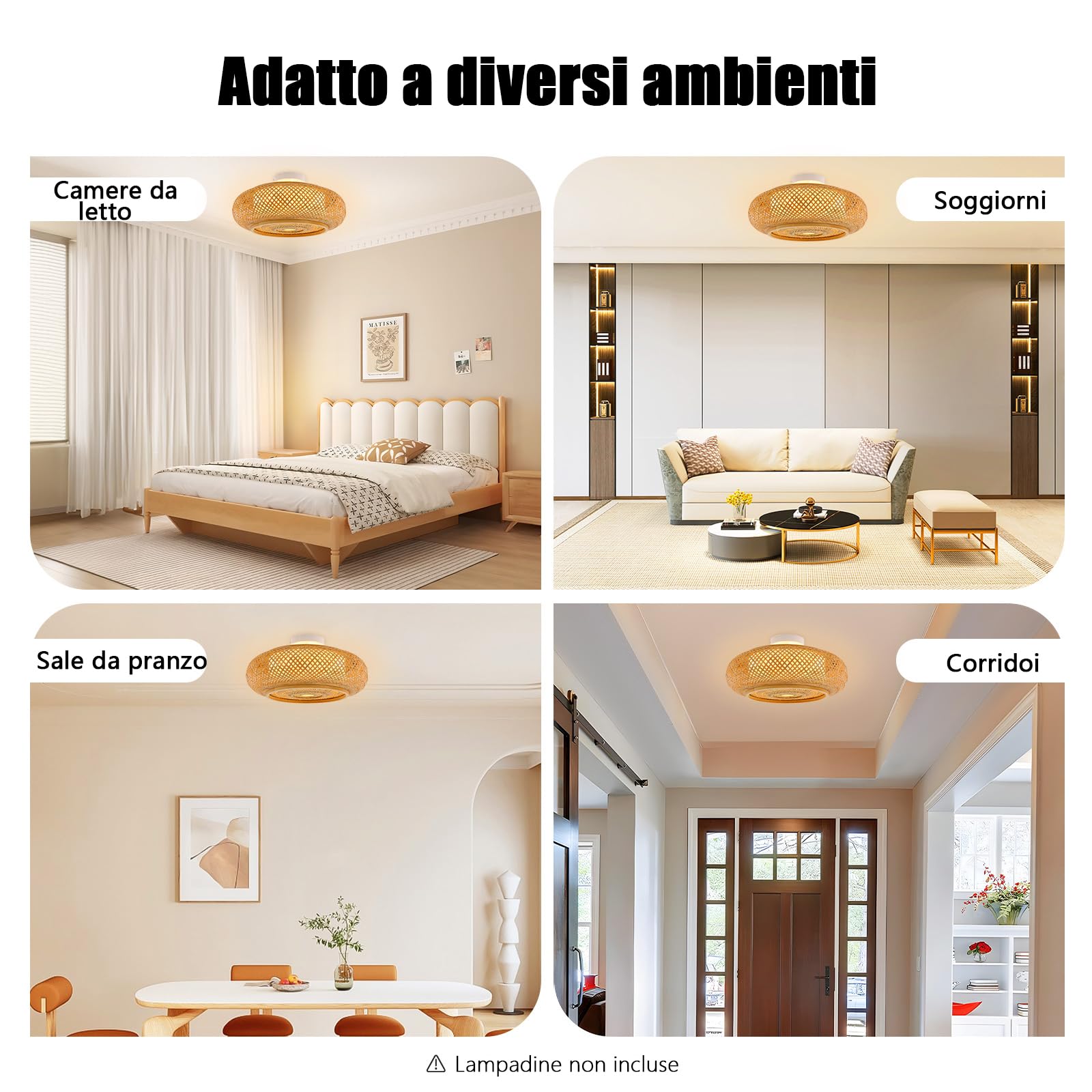 Lampada da soffitto in bambù, stile retrò, 3 luci, per corridoio, boho, tessuto a mano, in legno, 40 x 14 cm, lampada a sospensione in rattan per LED/lampadina/lampada fluorescente