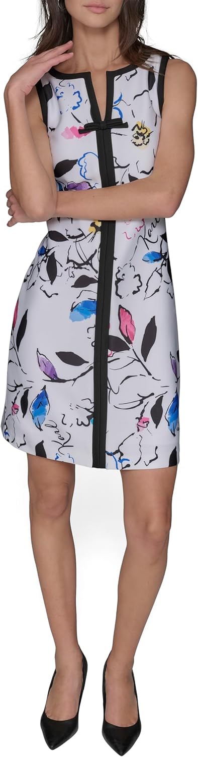 Karl Lagerfeld Womens Sleeveless Split Neck Contrast Trim A-line Mini Dress with Bow Detail - Image 2