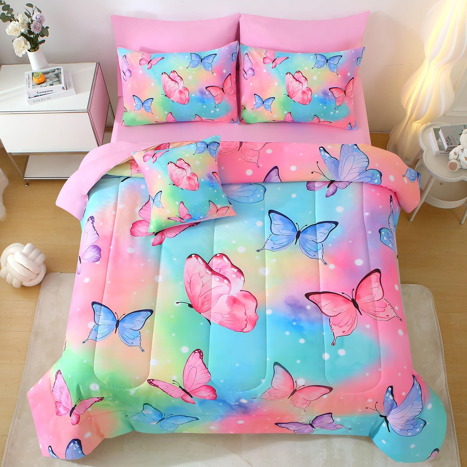 JQinHome 8 Pc Butterfly Comforter Set Full, 3D Rainbow Butterfly Bedding Set for Girls Women,All Season Microfiber Butterfly Design Bedding Collection with Pillowcase, Flat & Fitted Sheet(Rainbow) - Image 2