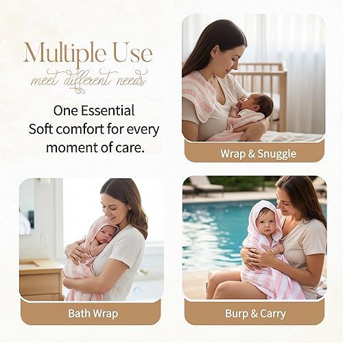 Miniatura 5 de Paquete de 4 toallas de muselina con capucha, 100% algodón orgánico de primera calidad, (2) toallas de baño de 6 capas de 32 x 32 pulgadas y (2)