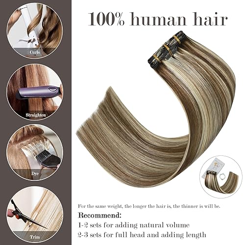 Miniatura 2 de Honsoo Extensiones de cabello Remy con pinzas, color marrón claro a rubio, balayage, 2.47 onzas, 12 pulgadas, 7 unidades, extensiones de cabello real