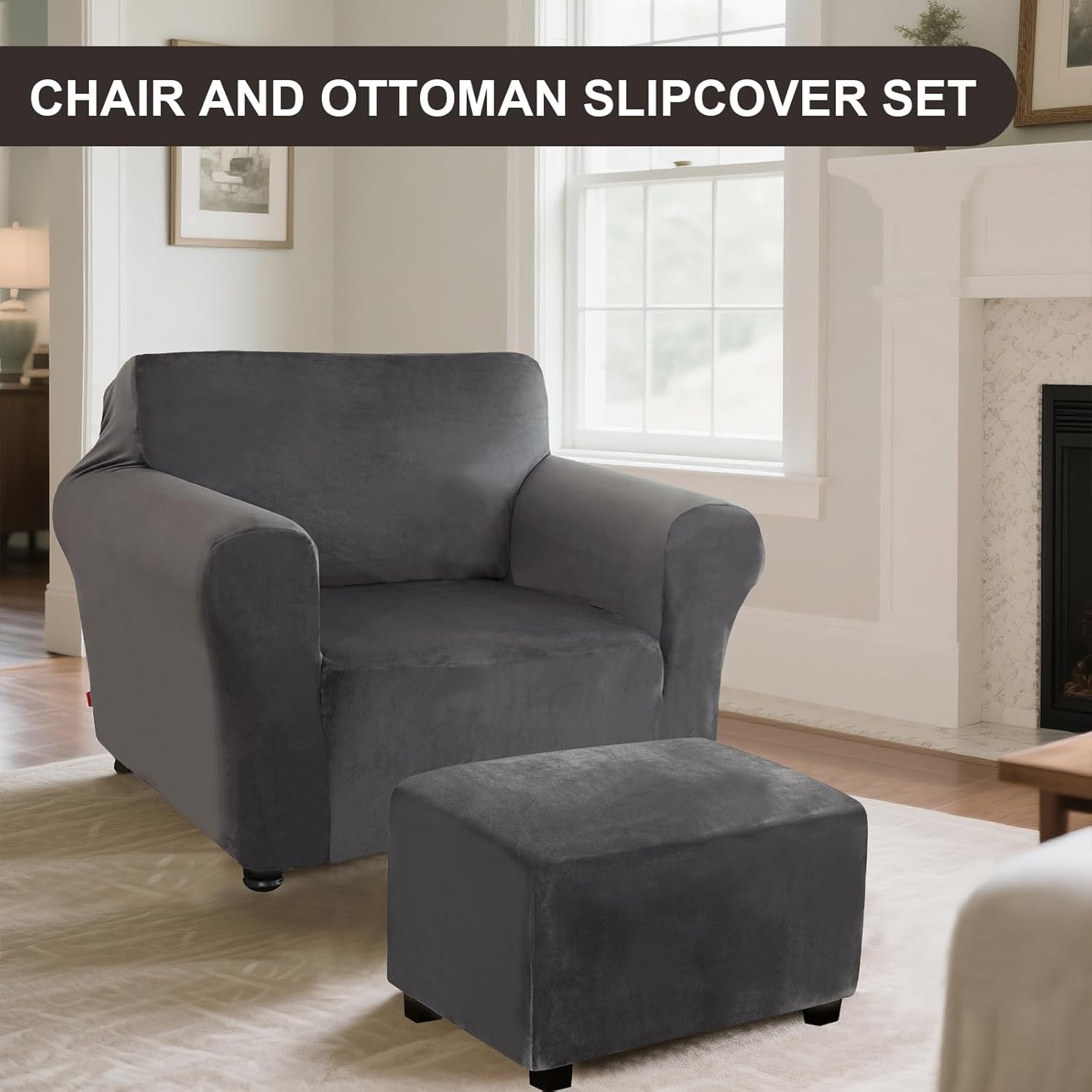 Chair and Ottoman Cover Set, Armchair and Ottoman Velvet Cover Non-Slip, Stretch Single Seat Sofa and Foot Stool Covers Set for Living Room (Grey,Chair + Ottoman)