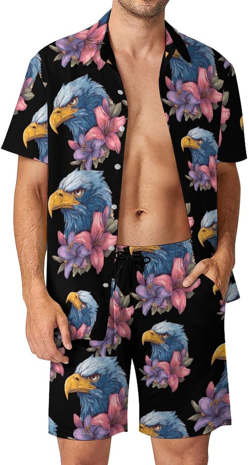Angry Eagle1 Lily Flower Men's Summer Beach 2 Piece Outfits | hawaiian button down shirt and shorts,vacation cruise,mens bathing suit