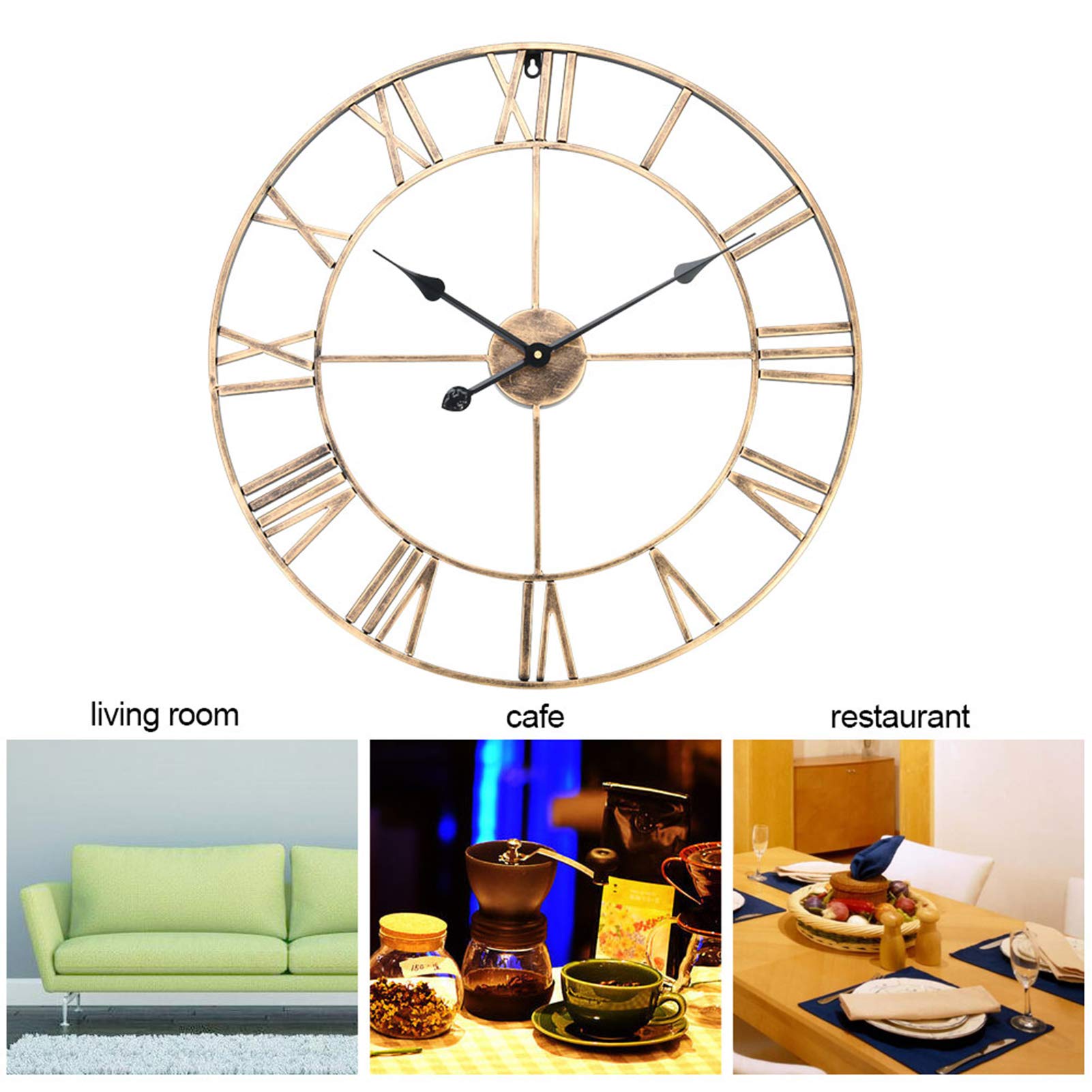 Hidyliu Reloj de Pared Redondo Grande de Hierro, Números Romanos Hechos a Mano para Decoración del Hogar, Restaurante, 60cm, Dorado (Oro 60cm)