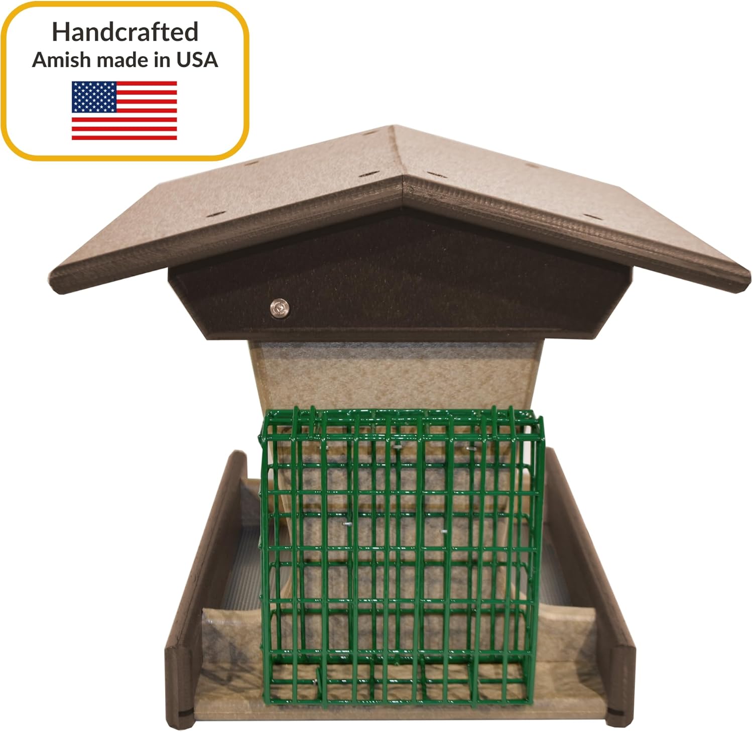 DutchCrafters Poly Post Mount Hopper Bird Feeder with Two Suet Cake Cages, Post Mounted Outdoor Wild Bird Feeder for Outside (Milwaukee Brown & Weatherwood)