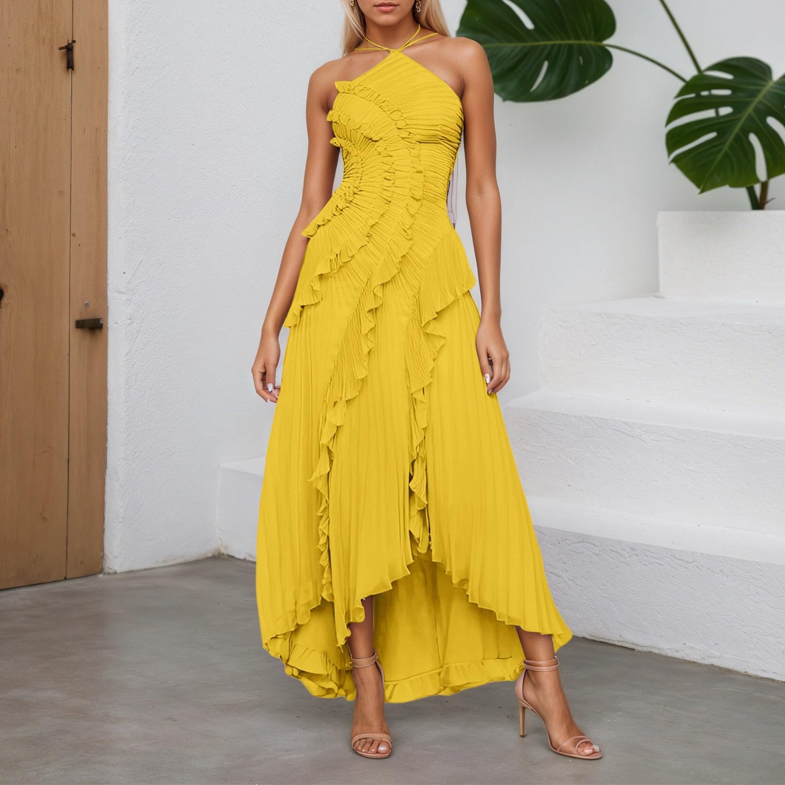 Generisch Vestido sin mangas para mujer con banda en el cuello, monocolor, vestido de gasa, elegante vestido largo con ribete de volantes, diseño envolvente, abertura lateral, moderno, vestido de