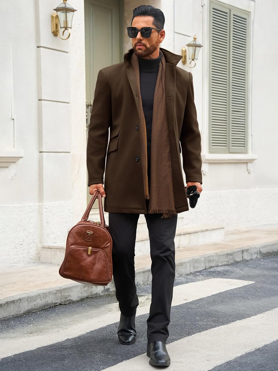 Runcati Mens Pea Coats Single Breasted Stand Collar Casual Slim Fit Trench Coat Mid Long Winter Overcoat with Pockets - Image 4