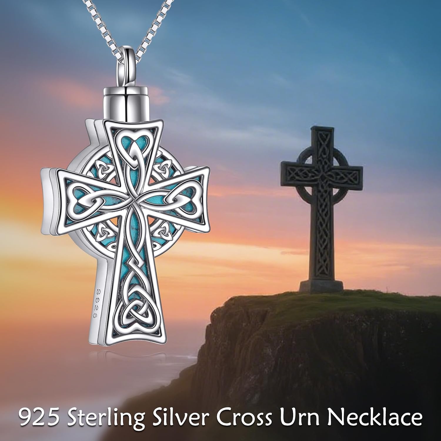 Celtic Knot Cross Urn Necklace for Men Women, 925 Sterling Silver Turquoise Cross Urn Pendant Necklace, Commemorative Jewelry For Cremated Remains, Remember Loved Ones or Pet, Box Chain