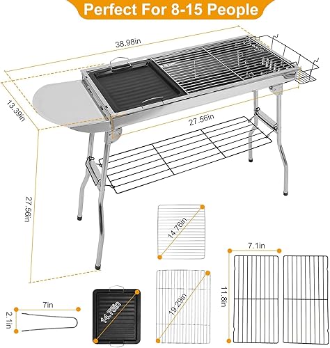 Miniatura 7 de TeqHome Parrilla de carbón portátil, plegable y mejorada, parrilla de carbón grande con estante de tablero y cesta de almacenamiento de sabor, marco
