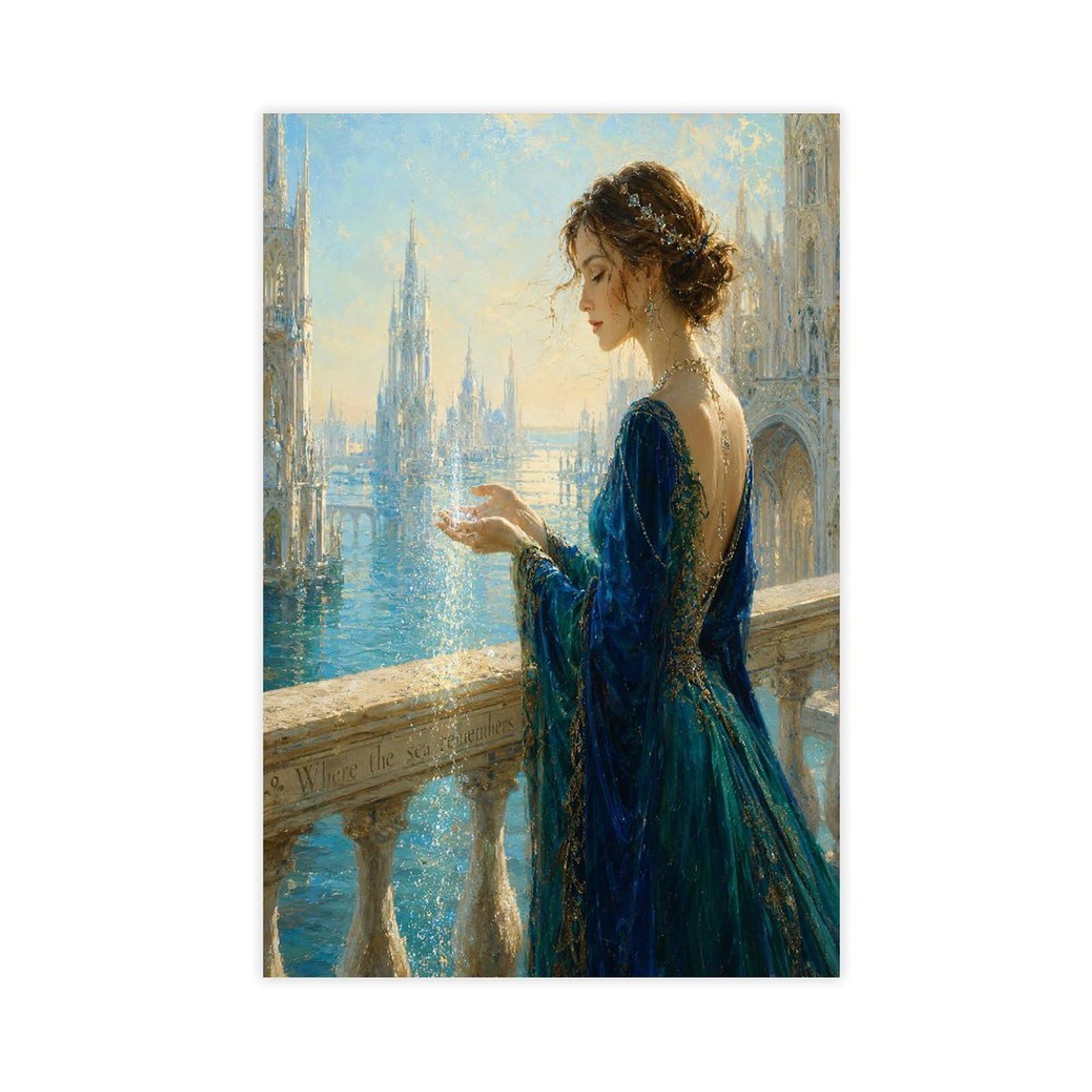 W7c8u2x3 Unframe-Style-12 Woman In Blue Dress Canvas Wall Art, Canal Balcony Studio