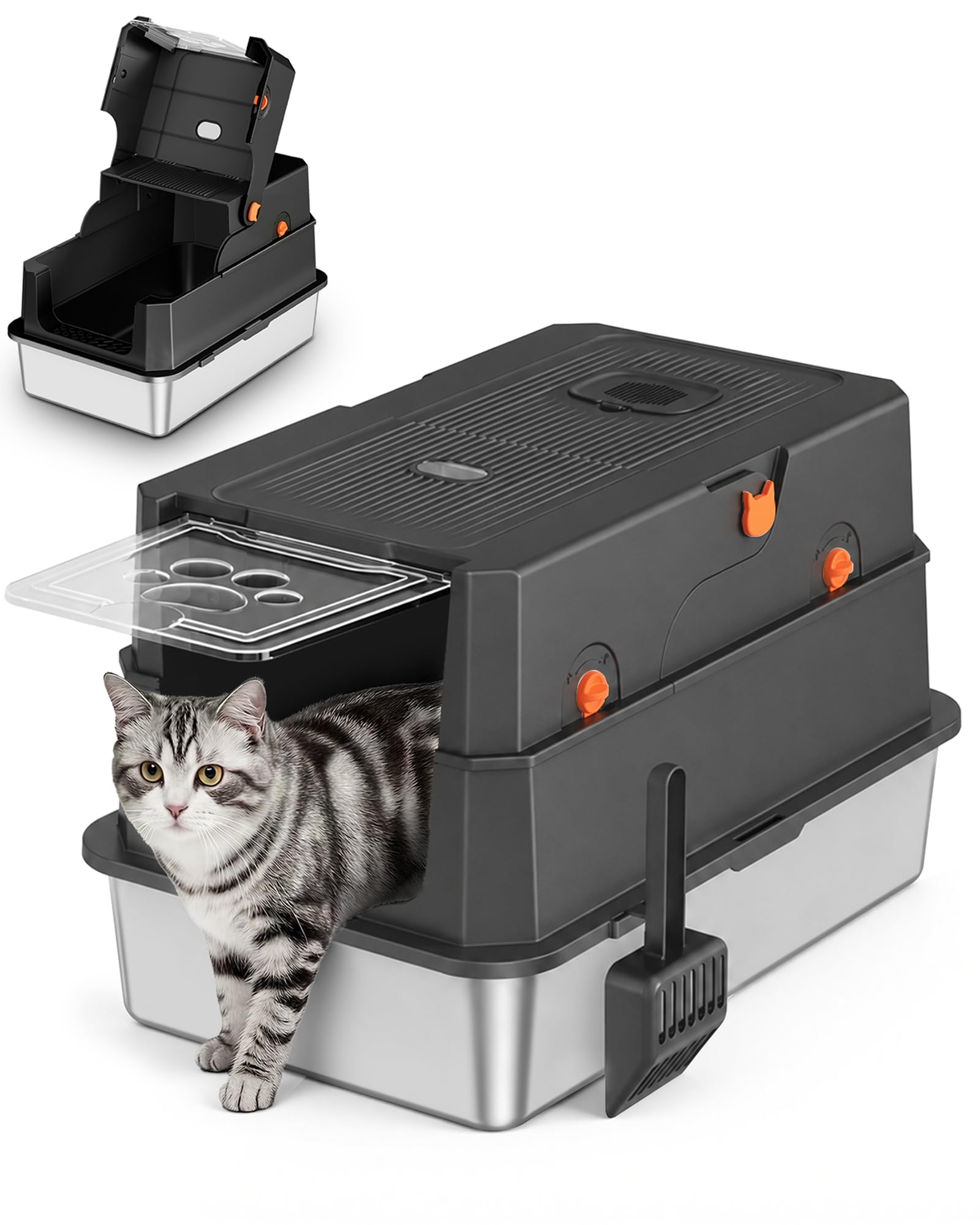 Stainless Steel Cat Litter Tray with Scoop, XXL Enclosed Metal Cat Litter Box with Hood, High Sided Toilet for Cats, Flip-Top Pet Tray for Small and Large Cats, Easy to Scoop, Leak-Proof, Odour-Free