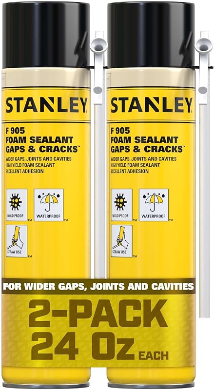 Stanley F905 Sellador de espuma expandible para espacios y grietas (2x24 oz.) - Aislamiento de espuma en aerosol de poliuretano de alto rendimiento para espacios amplios, grietas y cavidades | Uso interior y exterior | Uso de paja | 24 onzas. Paquete de 2
