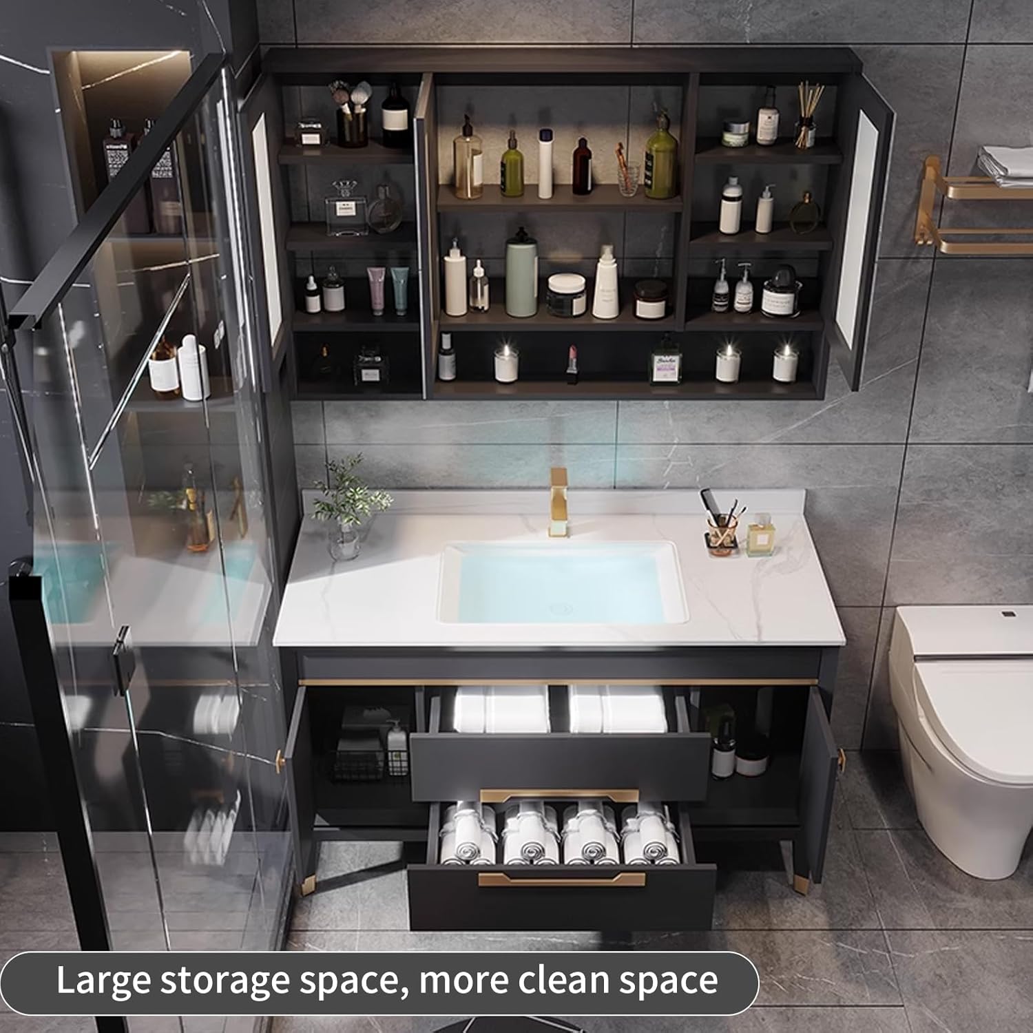 Freestanding Bathroom Vanity - Bathroom Vanity with Sink Includes LED Smart Defogging Mirror ? Abundant Storage Space, Solid Wood Bathroom Sink Cabinet (32'')