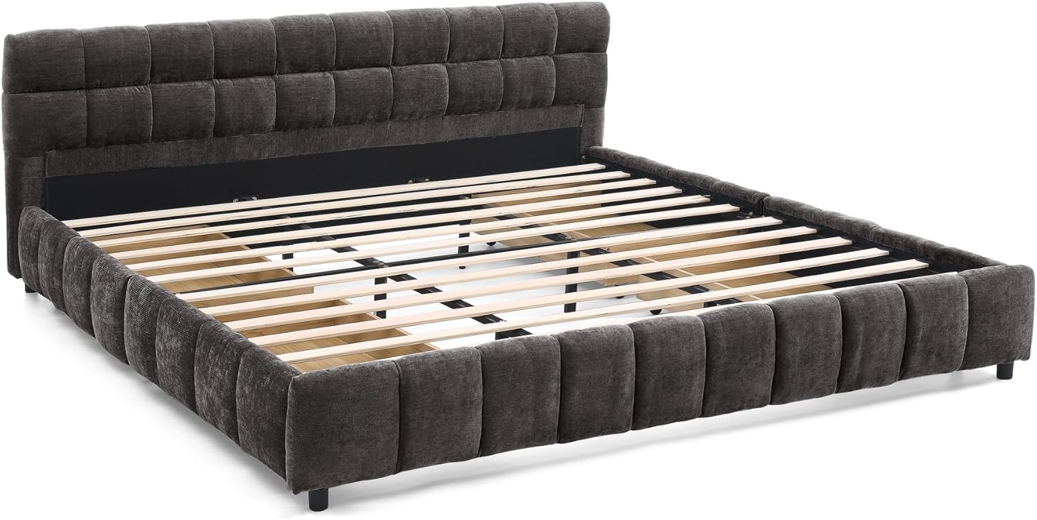 SOFTSEA California King Size Upholstered Floor Bed Frame with 4 Drawers, Chenille Fabric Grounded Bed Platform Bed with Thick Headboard, No Box Spring Needed, Easy Assembly, Dark Gray