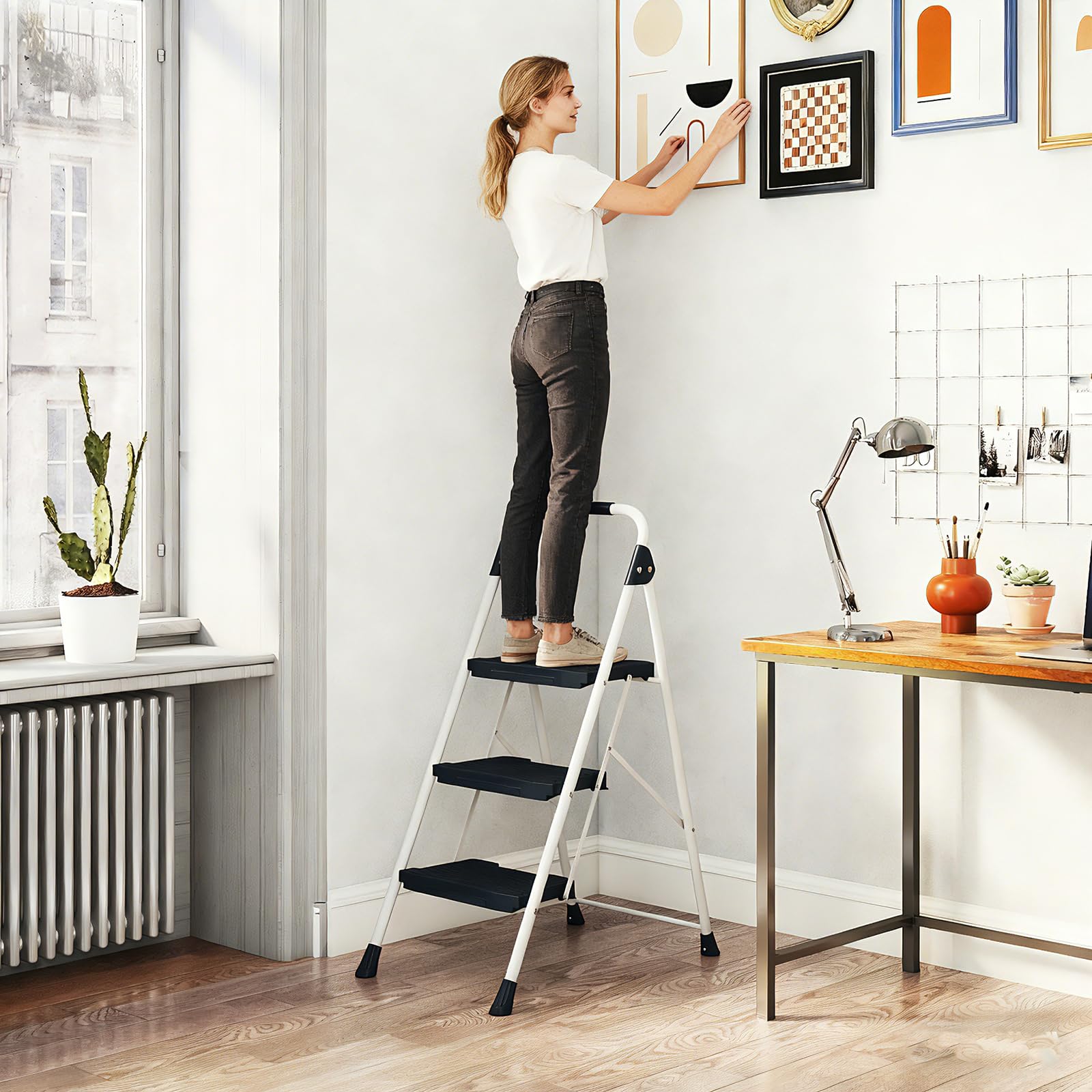 Escalera Plegable de 2/3/4 peldaños (Negro + Blanco, 3 escalones)