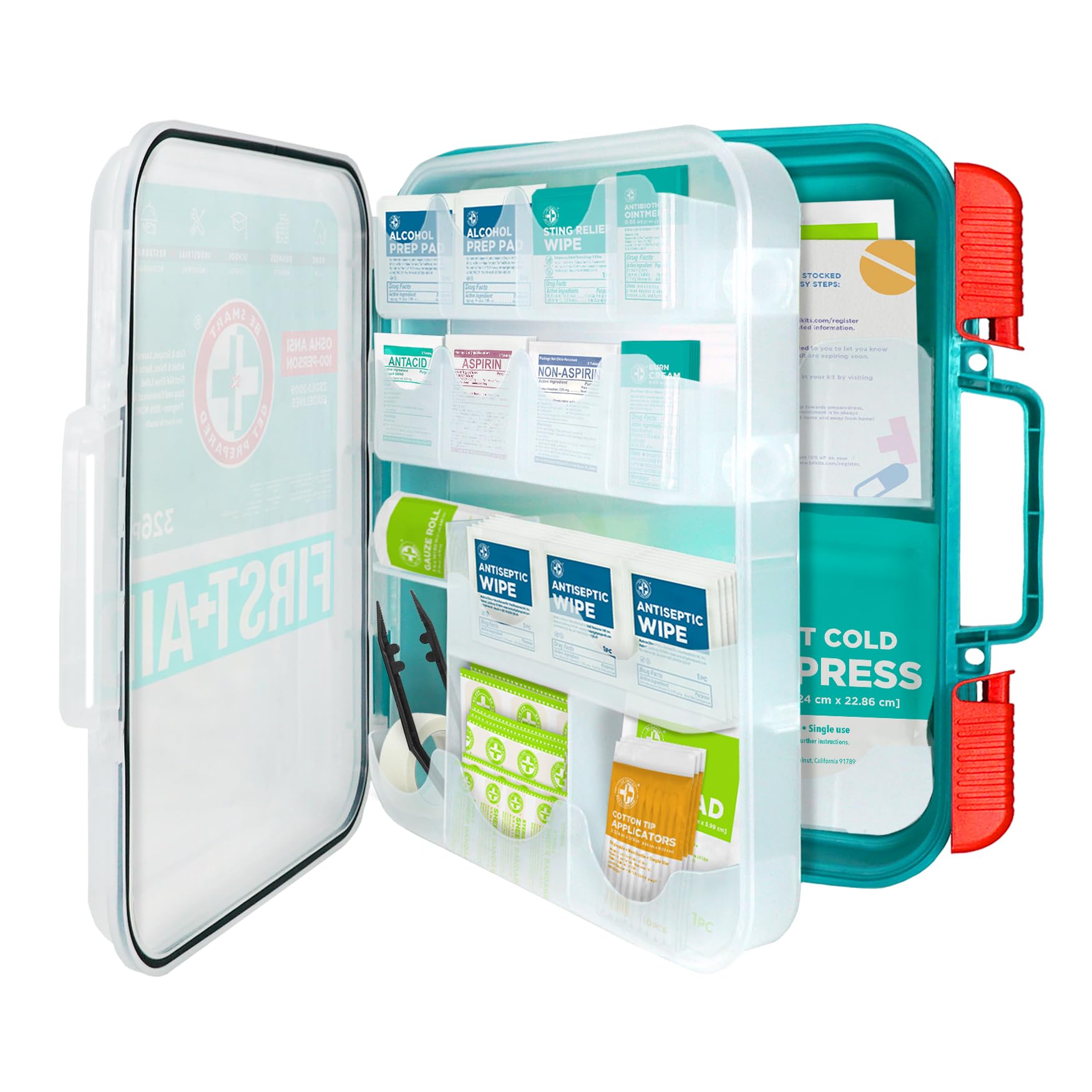 Be Smart Get Prepared First Aid Kit, Teal, 326 Piece, Exceeds OSHA and ANSI Guidelines 100 People - Office, Home, Car, School, Emergency, Survival, Camping, Hunting and Sports — Amazon image 3