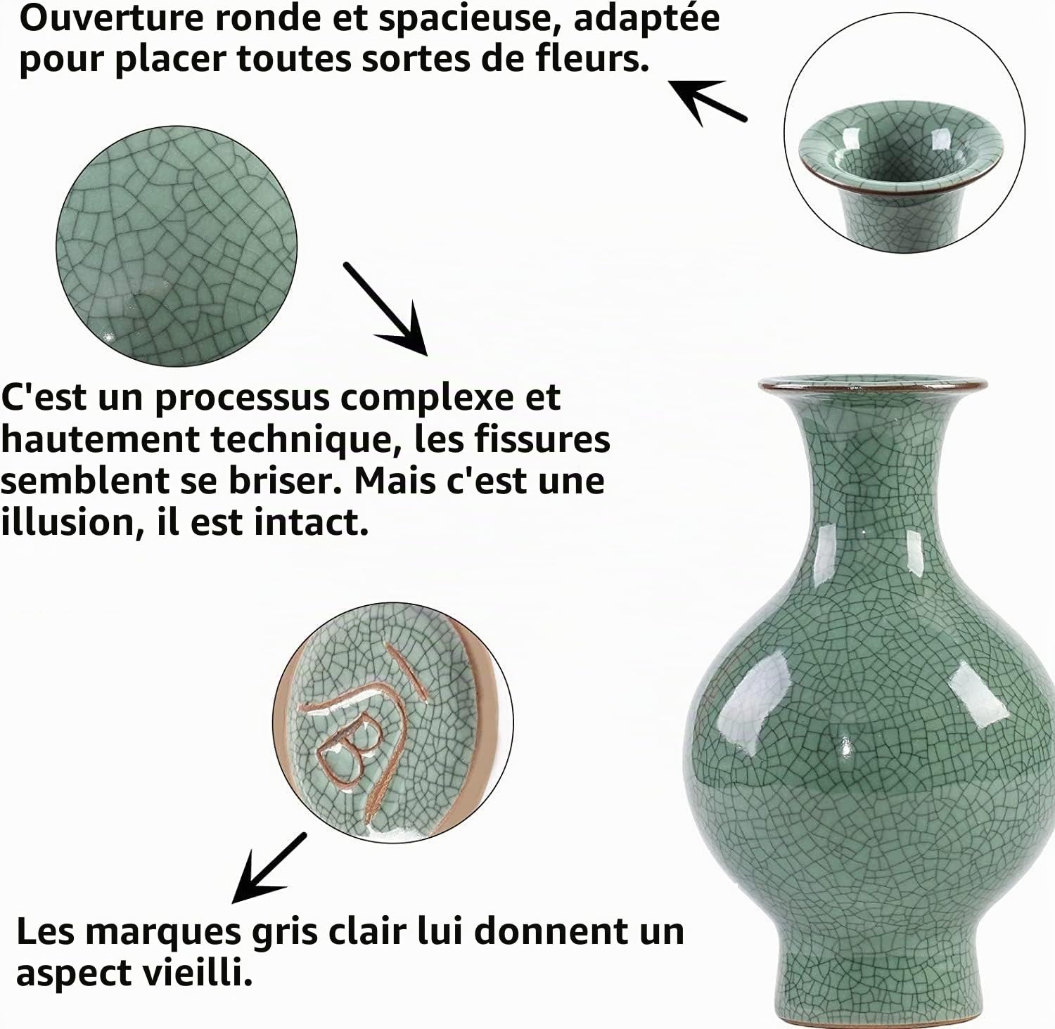 Artisanat en céramique chinoise, fait main, émail craquelé antique, grande vase en porcelaine vert pour décoration d'intérieur Grün02