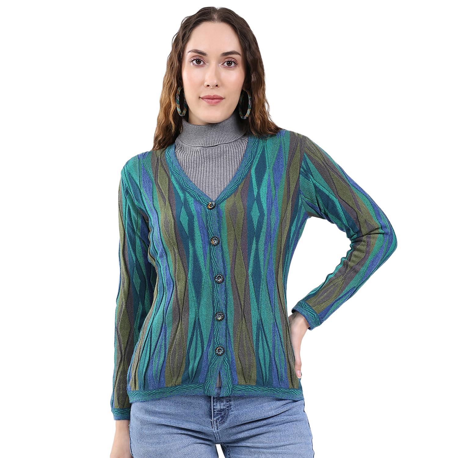 monte carlo Women's Regular Fit Cardigan | Printed Pattern | Button Closure with Full Sleeve V Neck | Printed Winterwear Cardigan for Women-picture-14