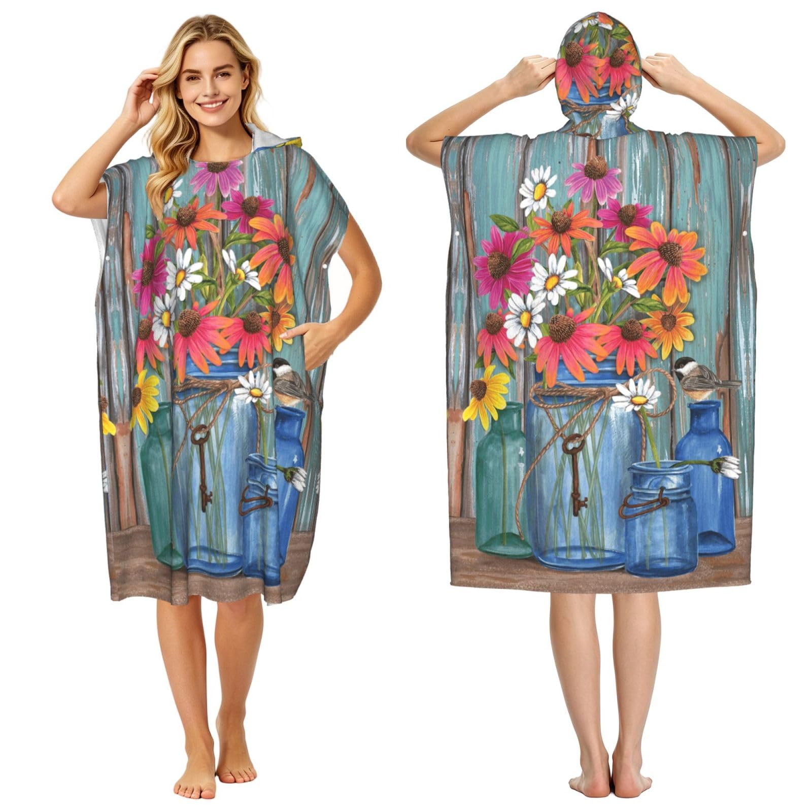 EZDLOWVBA Farm Fresh Flowers Spring Print Hooded Poncho Microfiber Beach Towel,Adult Women & Men Changing Robe,Lightweight Summer Surf Swim Bath Poncho Towel