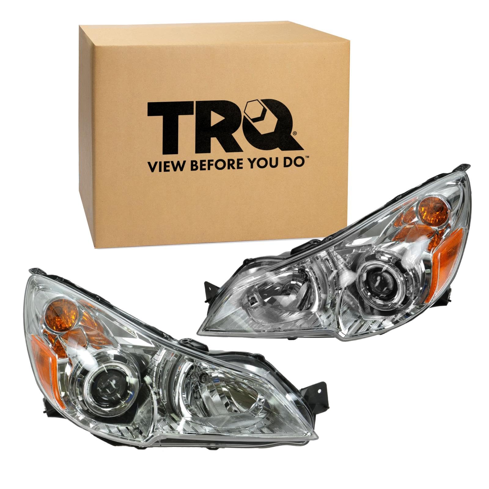 TRQ 2 Piece Headlight Assembly Set Halogen Chrome Bezel Driver &amp; Passenger Side Compatible with Subaru Legacy Outback 2010-2012 SU2502136 SU2503136 84001AJ00F 84001AJ01F