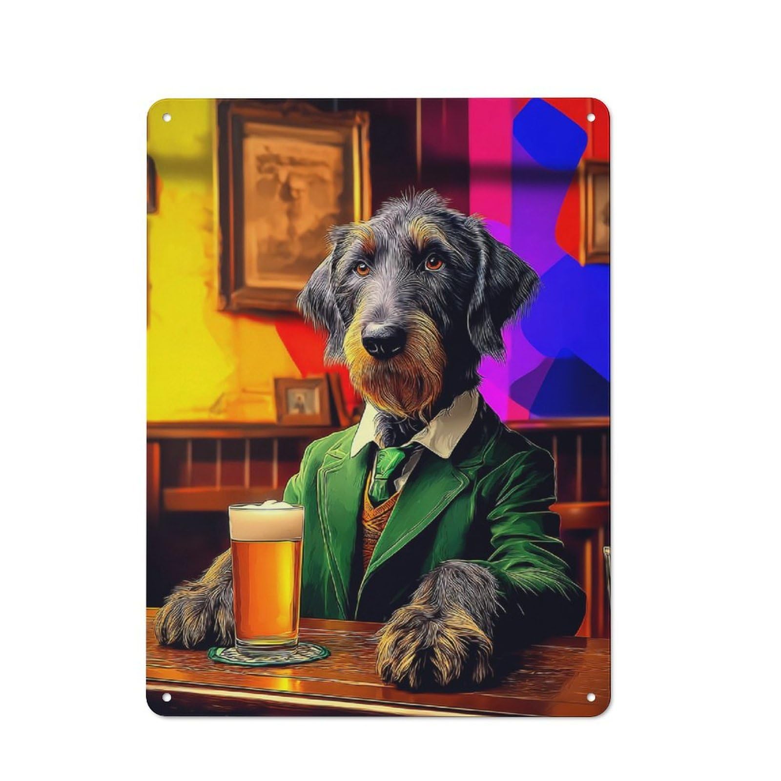 Junmoney Dog In Suit Enjoying Beer At Bar -7 Shop Front Style Decorative Metal Plaque 40X30cm, Shop Wall Decor For Cafe, Bistro, Bakery Or Restaurant