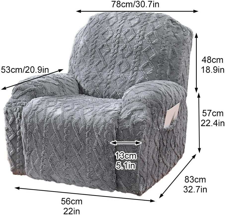Geometric Jacquard Recliner Chair Cover, Plush Polyester Slipcover with Side Pockets, Soft Pet Hair Resistant Furniture Protector for Living Room, Beige Grey(gray)