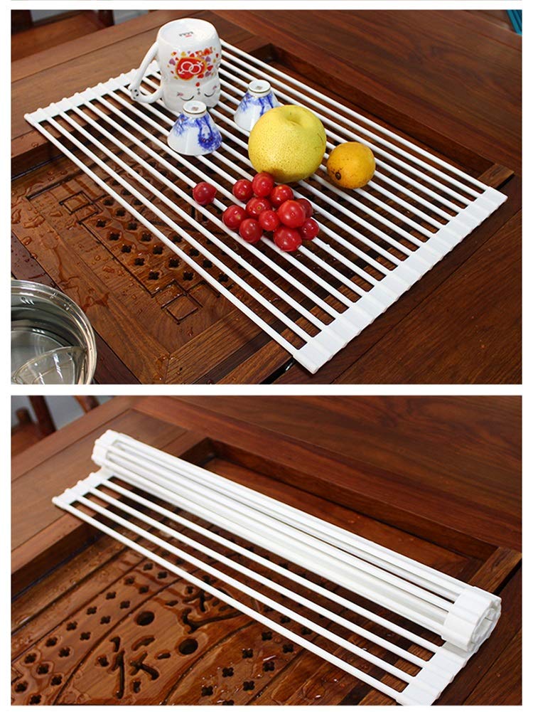 Égouttoir pliable au-dessus de l'évier, égouttoir à vaisselle en acier inoxydable avec revêtement en silicone pour égoutter les fruits et légumes, 52 x 33 cm / 20.5x13in, organiseur de cuisine peu
