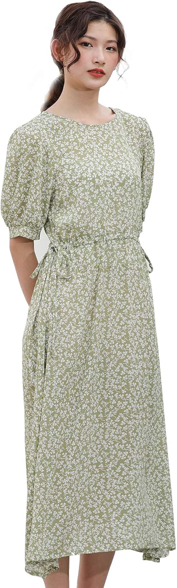 Amazon Co Jp La Hazel 花柄 ワンピース レディース ロング丈 小花柄 ウェイスト調整 Vネック ラウンドネック ドレス 半袖 ファッション 上品 女子力 着痩せ ハイウェスト 可愛い 体型カバー 旅行 魅力 グリーン カシュアル 夏 秋 春 M ラウンドネック 服