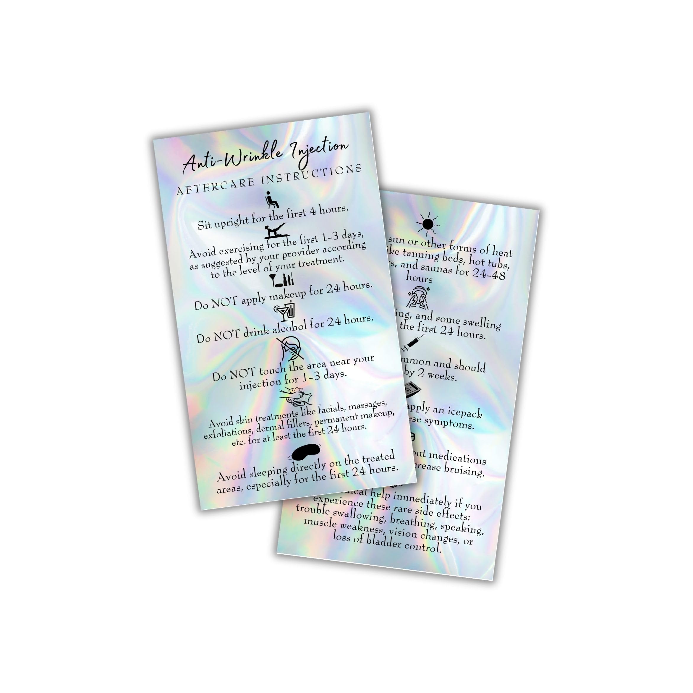 Boutique Marketing LLC Anti-Wrinkle Injection Aftercare Card | 50 Pack | 2x3.5' inches Business Card Size | Holographic Design