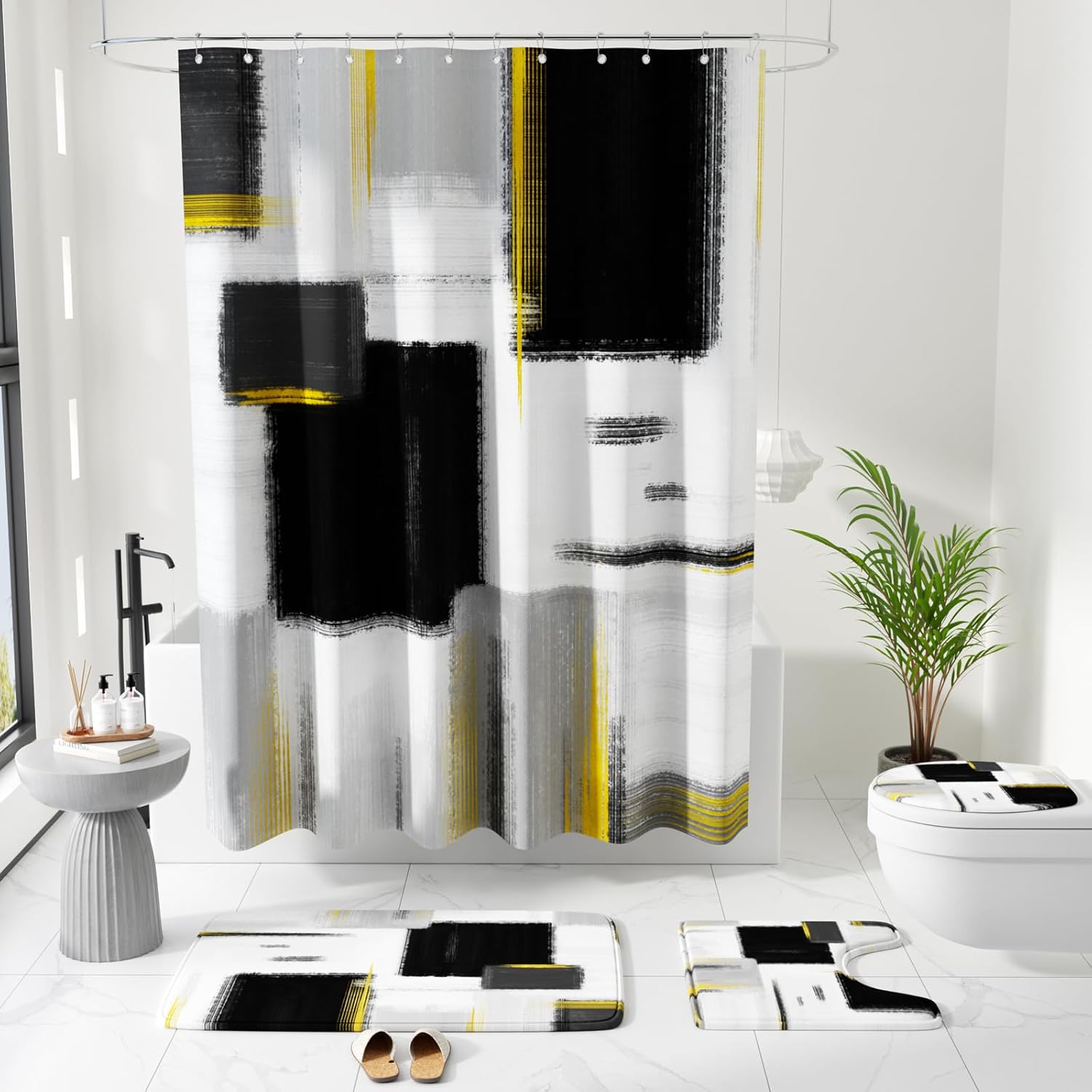 XLHOMO Bathroom Sets with Shower Curtain and Rugs - Luxury Black Bathroom Accessories Set, Shower Curtain Set, Non-Slip Bathroom Rug, Black and Gold Bathroom Decor for Home
