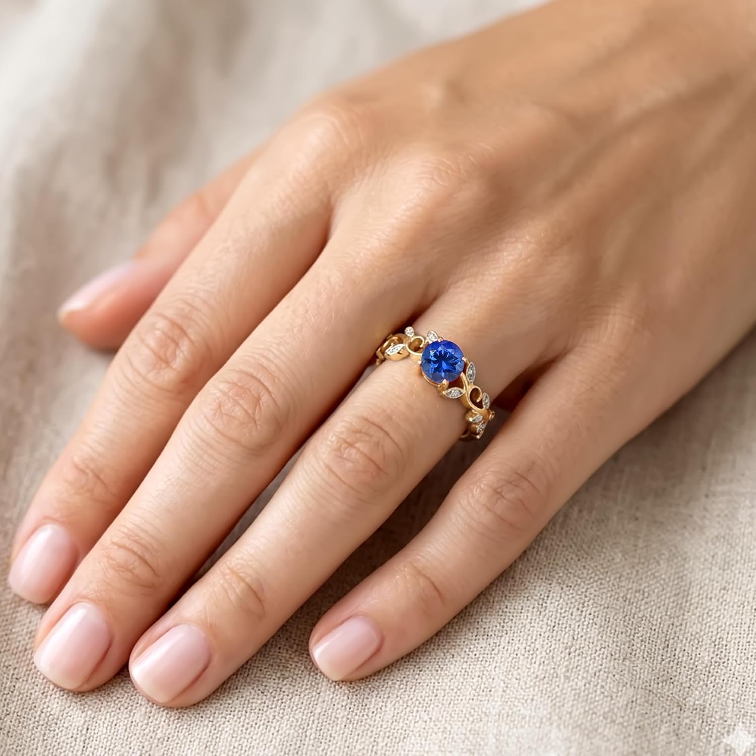 Leaf Filigree Style Engagement Ring for Women Centre 6MM Simulated Birthstone with White CZ Gemstone Ring In 14K Gold Plated 925 Sterling Silver Jewelry Gift for Her
