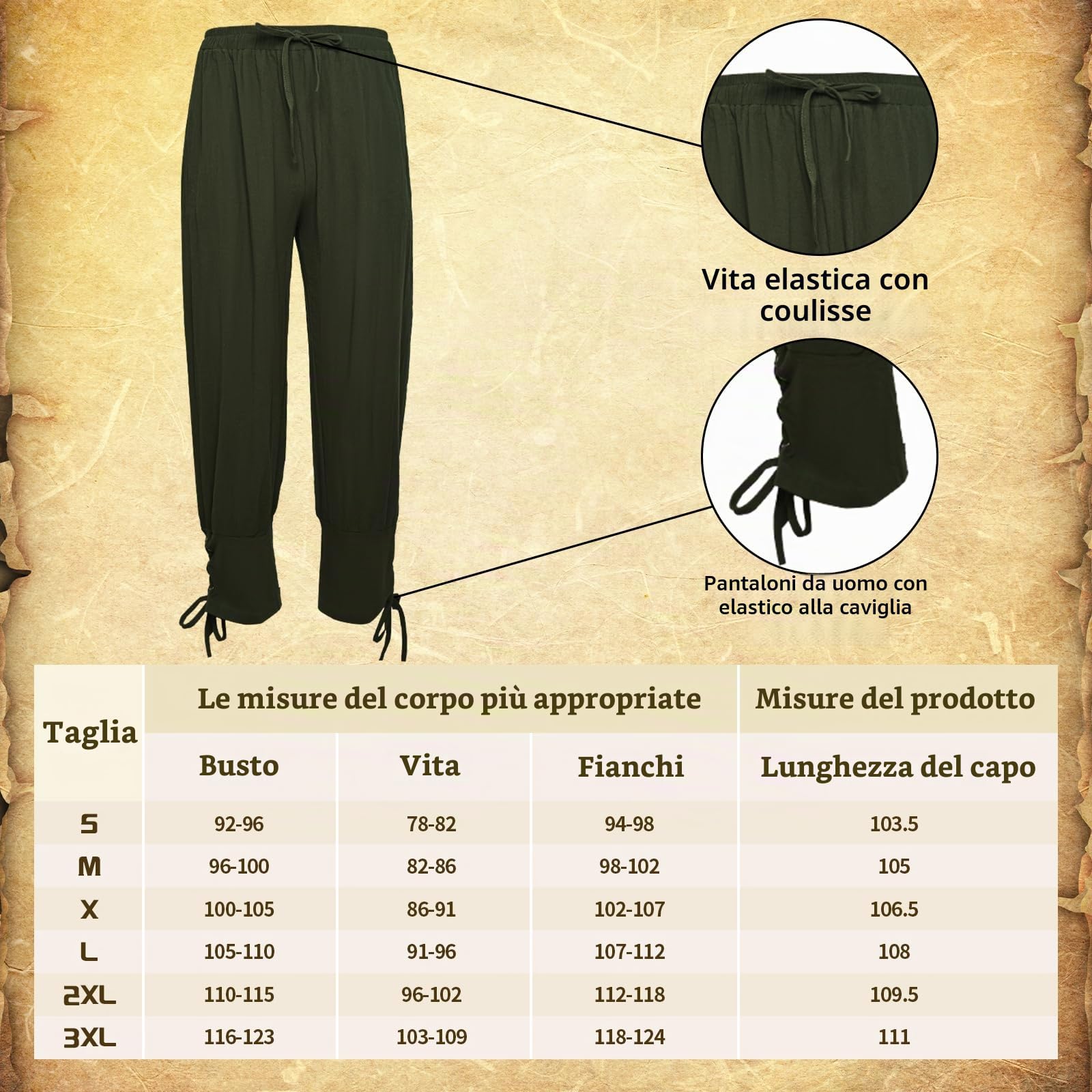 Costume da uomo medievale, set da 6 pezzi, con pirata medievale, top e pantaloni/braccia/cintura/borsa per monete d'oro da pirata/borsa per spada.