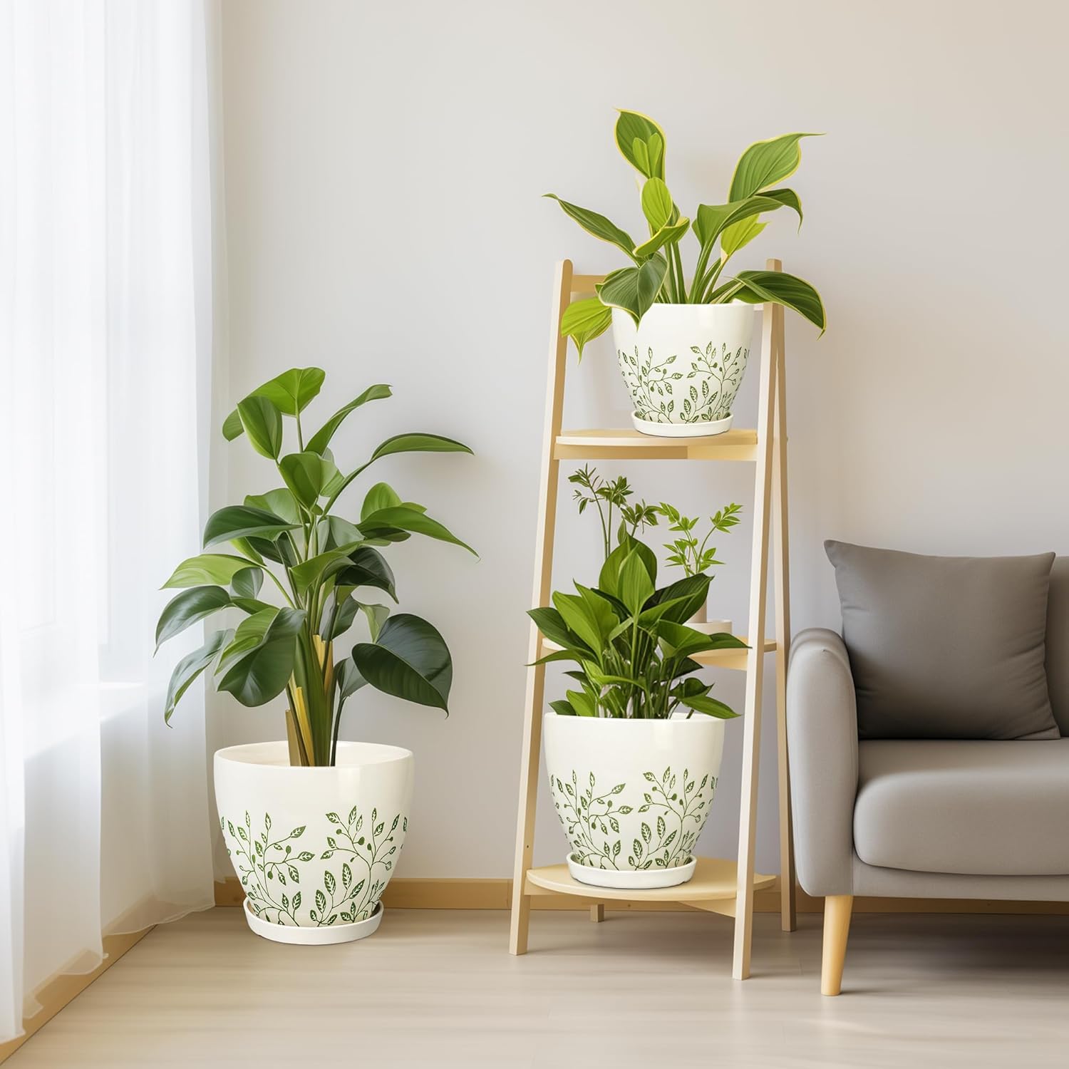 MPotTo Ceramic Pots for Indoor Plants - 10+8+6 Inch Planters with Drainage Holes and Saucers, Decorative Boho Round Indoor Planters Pots, Room Decor, Gifts for Plant Lovers, Set of 3, White