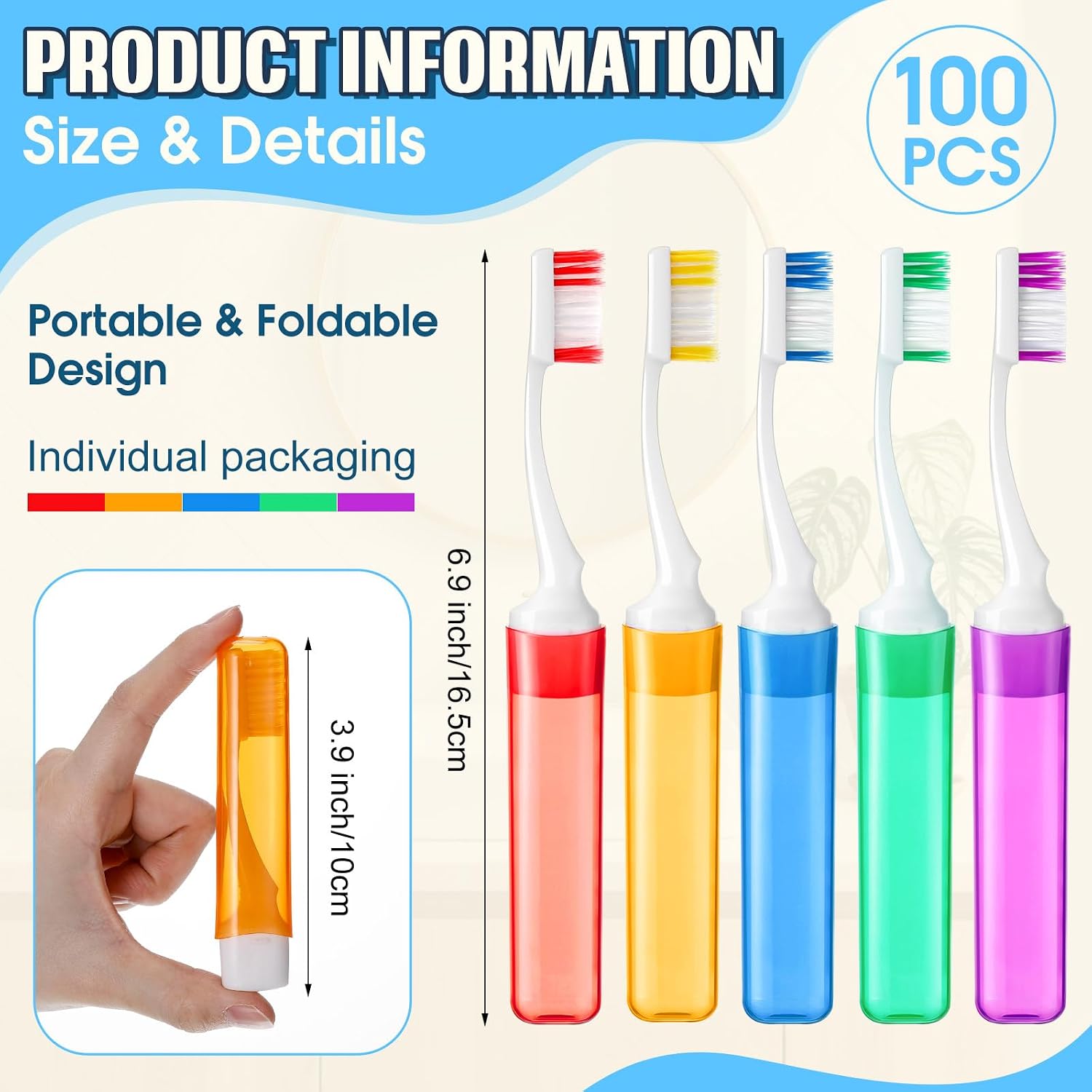 Thenshop 100 Pack Travel Toothbrush Bulk Mini Foldable Tooth Brush with Case, Soft Bristle, Individually Wrapped, Portable Size for Traveling Camping Hiking, 5 Colors