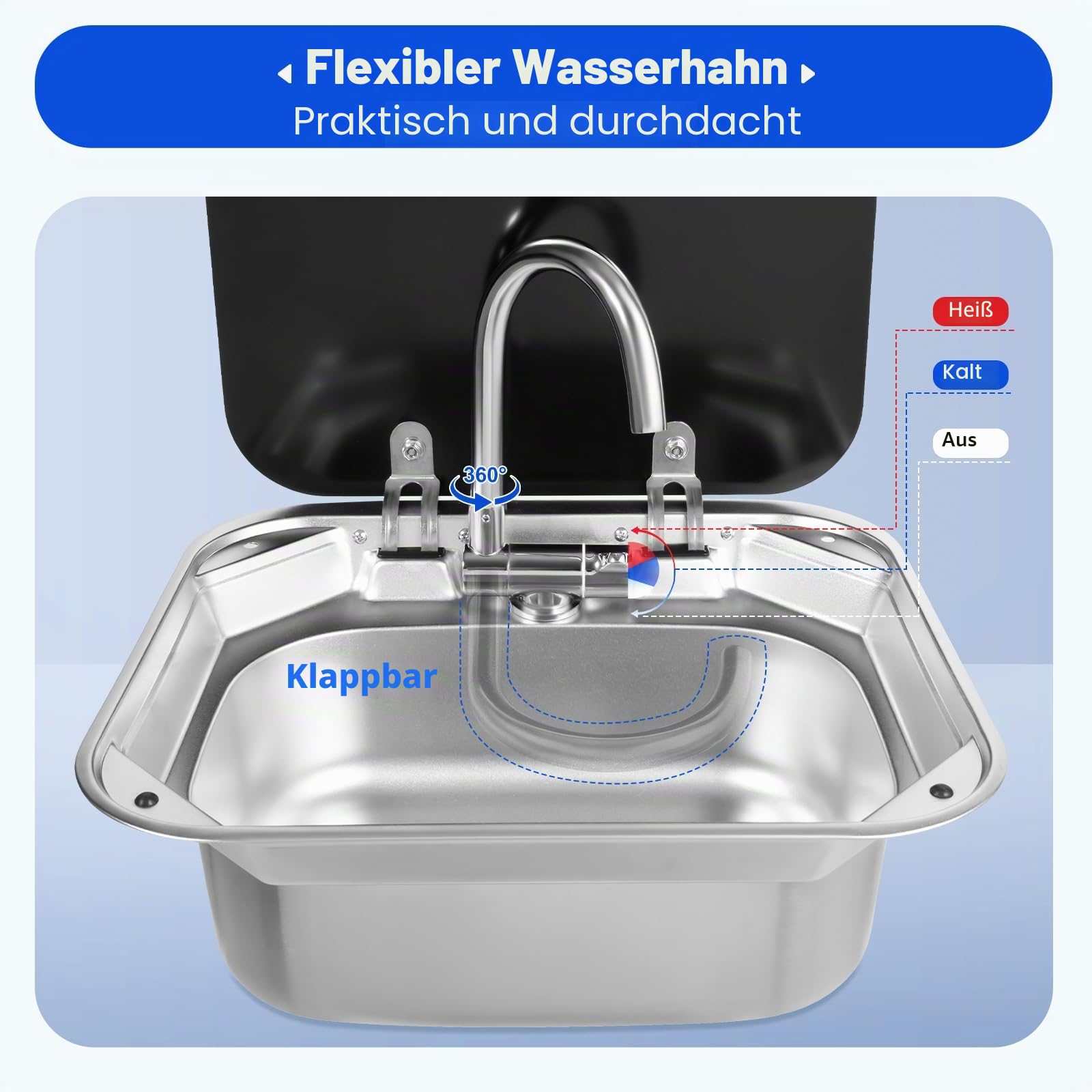 Wohnwagen Waschbecken, Camping Spüle Bausatz, Camping Waschbecken, 41x36,5x16cm Edelstahl-Spüle mit Glasdeckel, Aschbecken Camper für Wohnmobil/Caravan/Boot, (Silber/Schwarz)