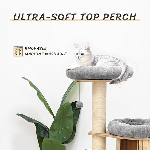 Miniatura 2 de KAMABOKO Árbol moderno para gatos de 58.6 pulgadas, árbol de madera para gatos con postes rascadores de sisal grandes de 4.7 pulgadas de diámetro,