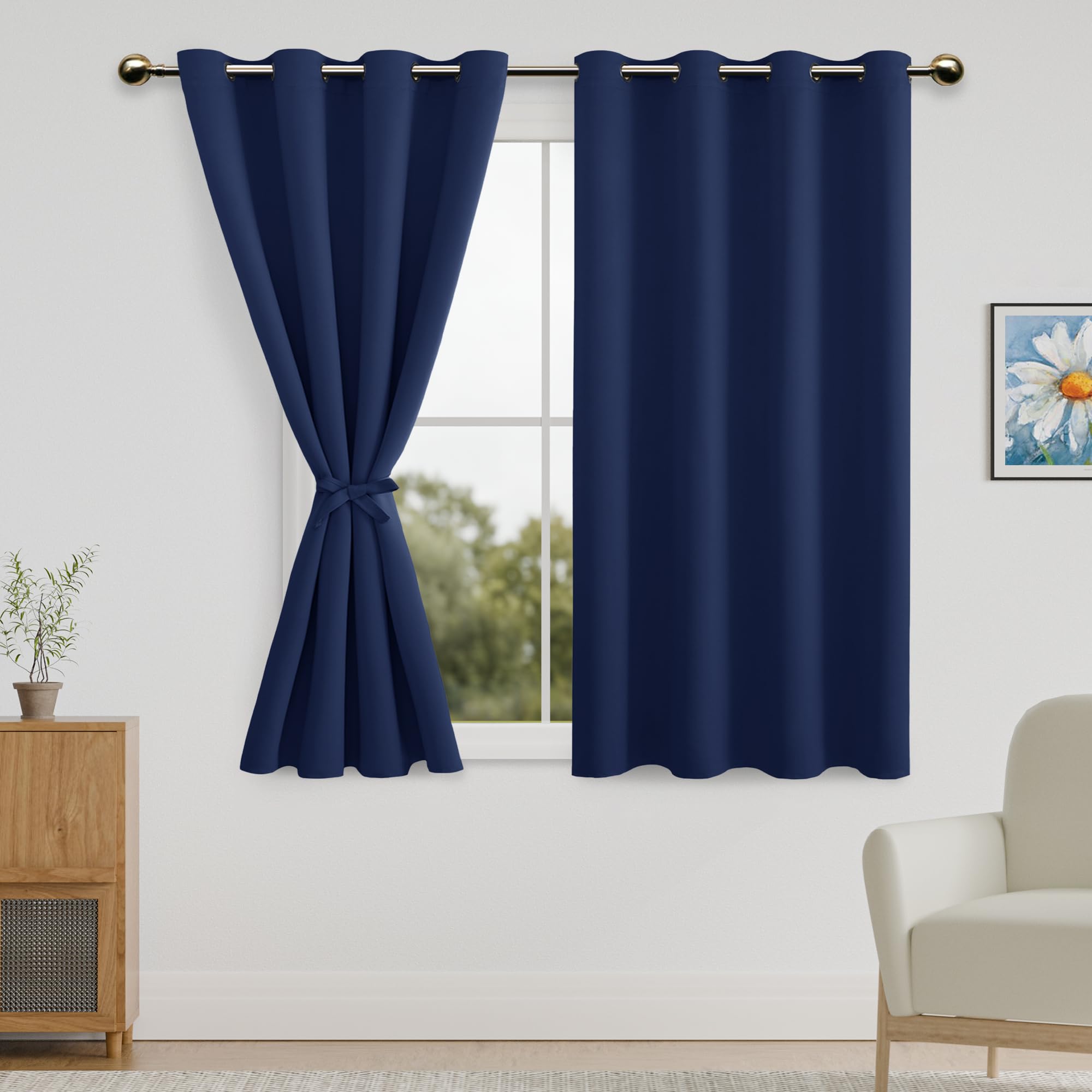 DWCN Blackout Curtains for Bedroom with Tiebacks - Room Darkening Privacy Grommet Top Window Curtains for Living Room, 52 x 54 inch Length,Dark Blue,Set of 2 Panels