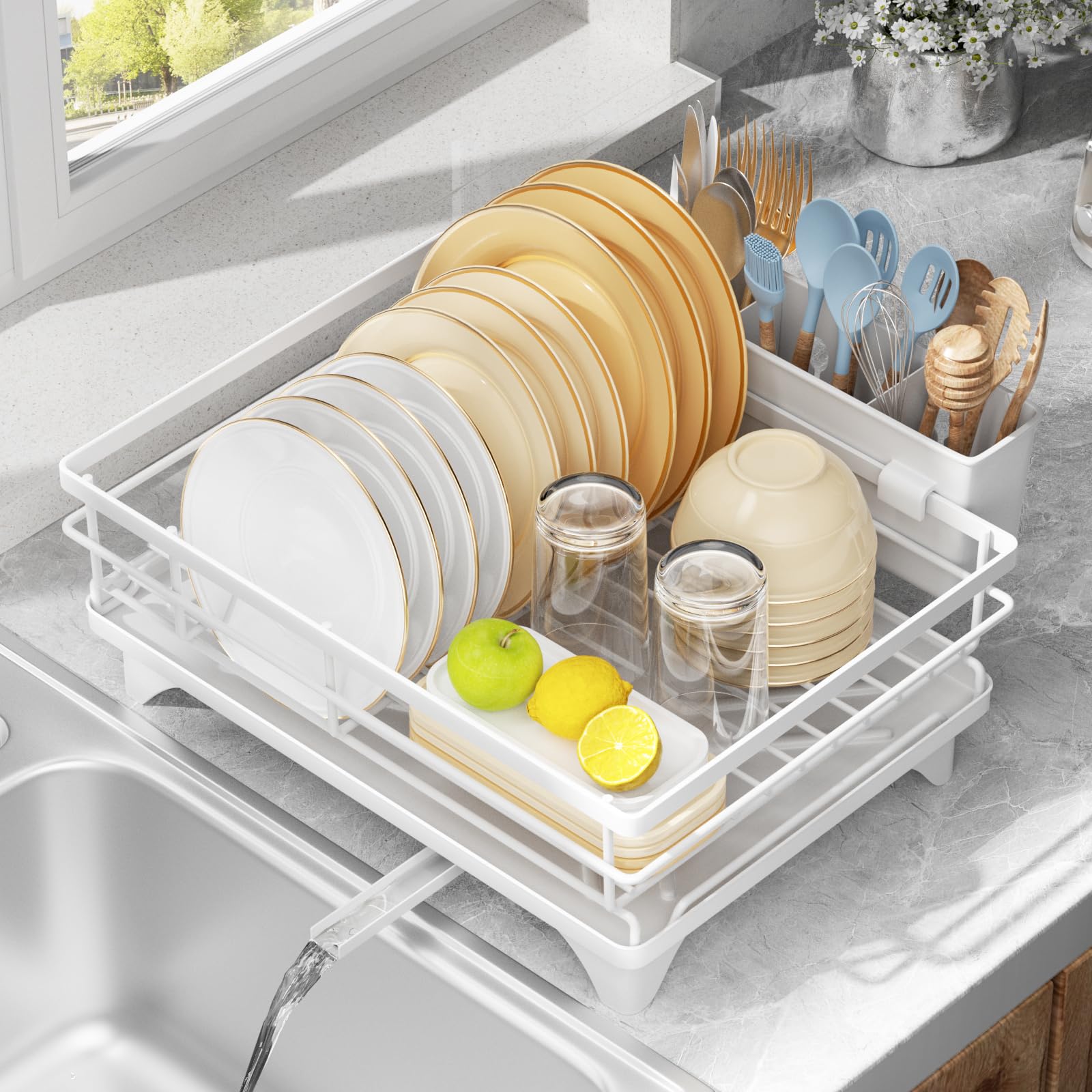LIONONLY Dish Drainer Rack with Drip Tray, Space Saving Dish Rack, Sink Drainer Rack, Large Draining Board Rack, Drying Rack Kitchen for Utensils Plates Bowls