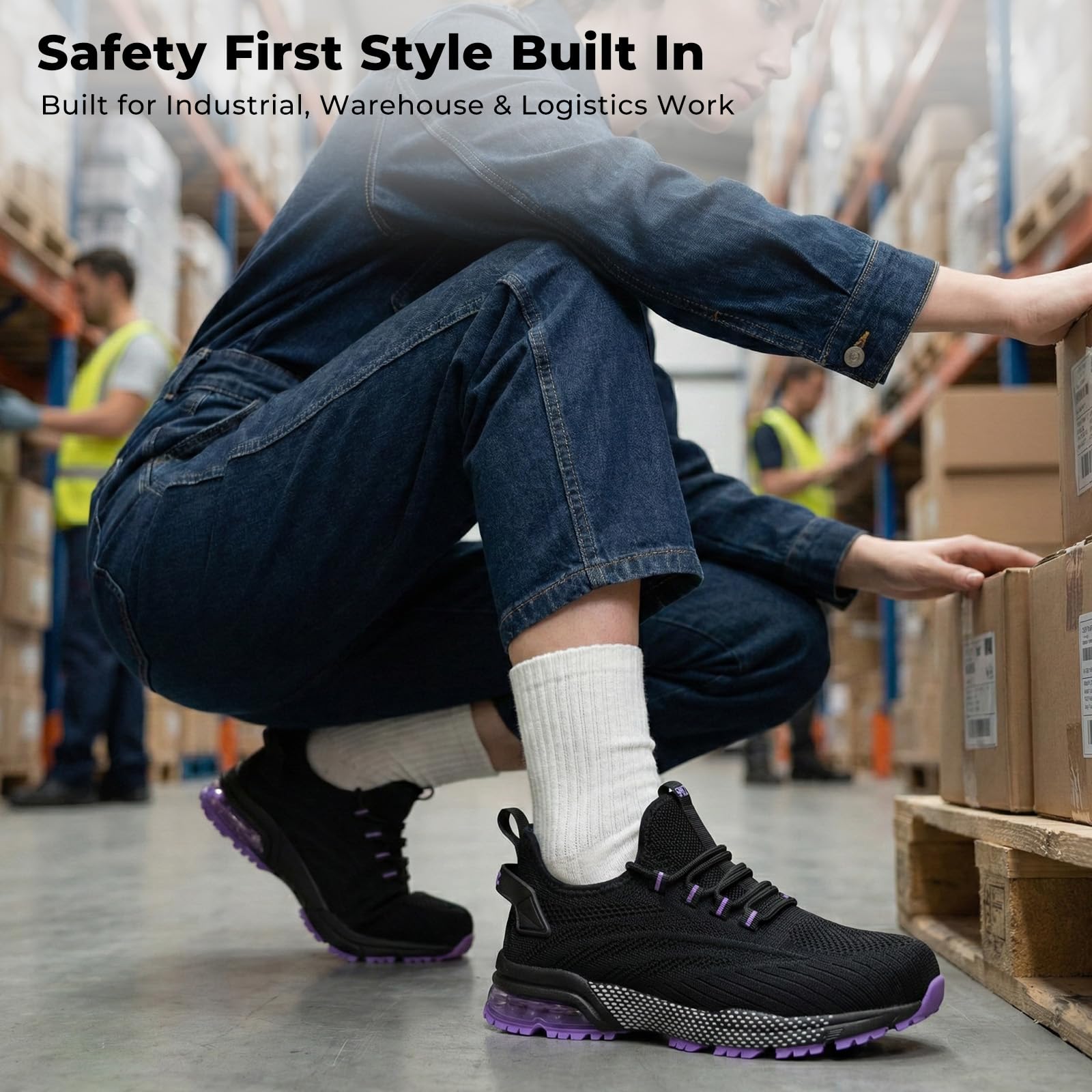SPIEZ Zapatillas de Seguridad Mujer, Zapatos de Seguridad con Puntera Composite y Amortiguación de Aire, Diseño Ligero para Trabajo, Negro Rosa/Morado, EU 35–41