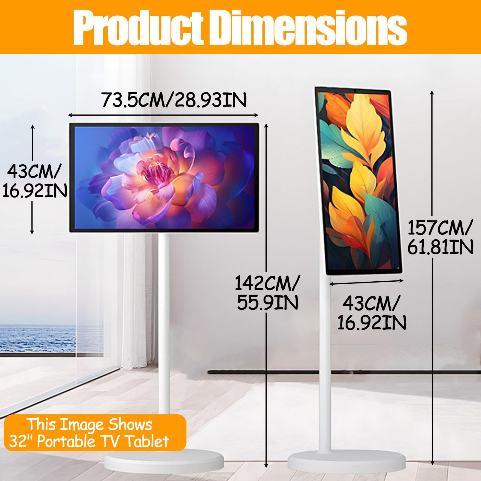 Smart TV Portatile da 32 Pollici, Monitor Touch Screen, TV su Supporto con Rotelle, Batteria Integrata, Rotazione Completa, per Studio/Ufficio