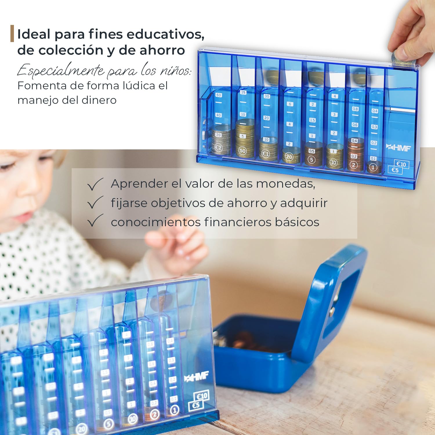 HMF Contador de Monedas con clasificación automática para Guardar Monedas, clasificador de Monedas Transparente con Escala de Valor como Hucha para niños | 24 x 12 x 5 cm | Azul