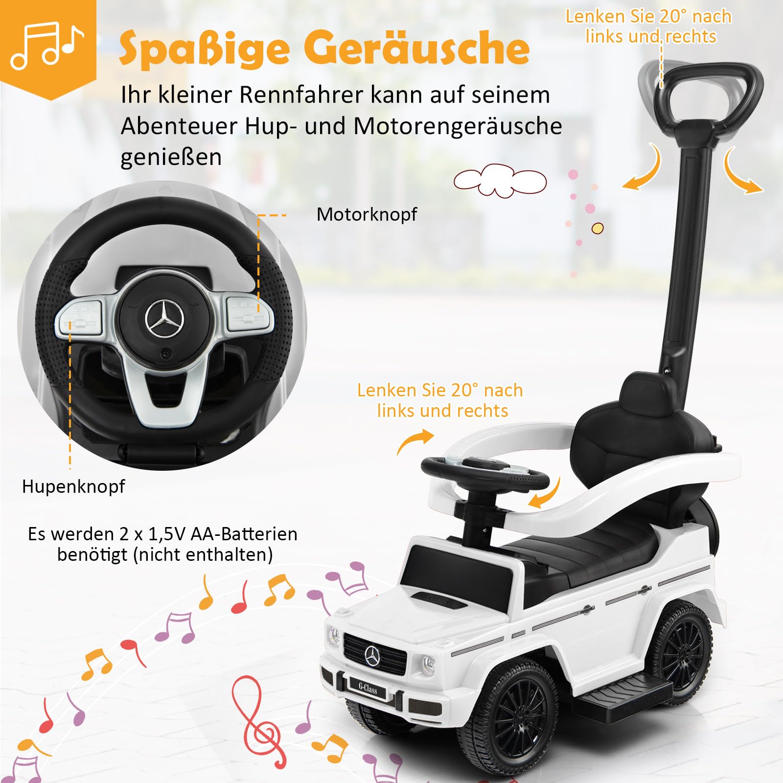 COSTWAY Mercedes Benz Rutschauto, 3 in 1 Rutscher Auto mit Sonnendach & Stauraum & abnehmbaren Schutzbügel & Schiebestange, Rutschfahrzeug mit Motorsound & Hupe, für Kinder ab 1 Jahr (Weiß)