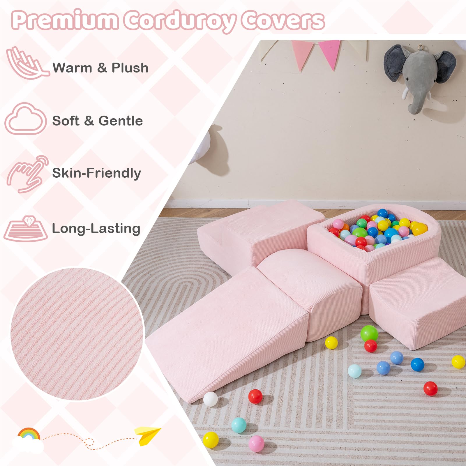 FANTASK 5-teilige Schaumstoffbausteine XXL, Riesen Kletterblöcke mit Bällebad, Großbausteine zum Toben & Klettern, Soft Spielbausteine für Zuhause, Kinderzimmer & Spielzimmer (Rosa, Cordstoff)