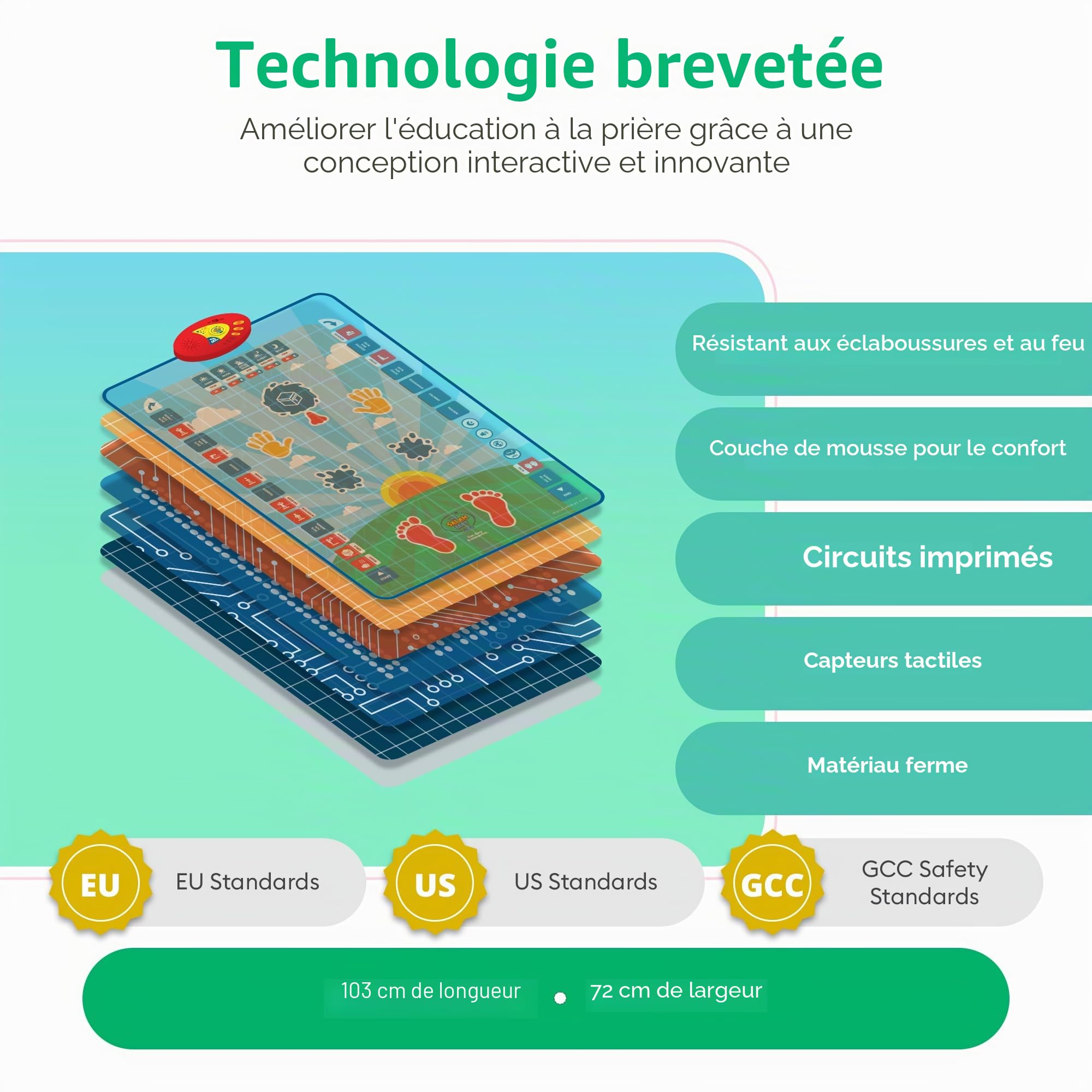 My Salah Mat Tapis de prière interactif Intelligent pour Apprendre la Salah, la sourate, Le wudu et Le duas – Tapis de prière Islamique avec 10 Langues, Traduction de Salah, 25 Touches tactiles et