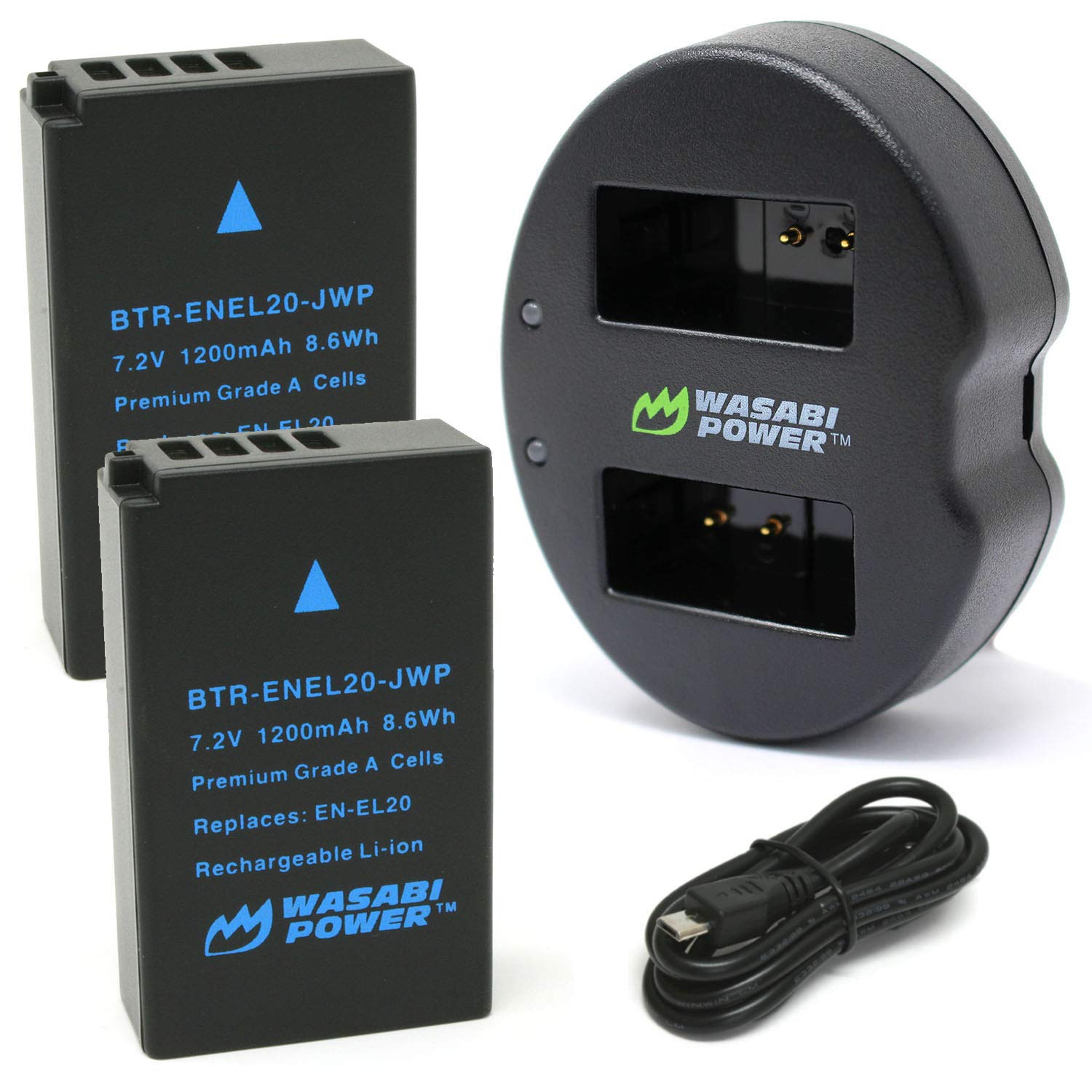 Wasabi Power Battery 2-Pack and Dual Charger for Nikon EN-EL20/EN-EL20a and Coolpix A, Nikon 1 Series (AW1, J1, J2, J3, S1, V3), Blackmagic Pocket