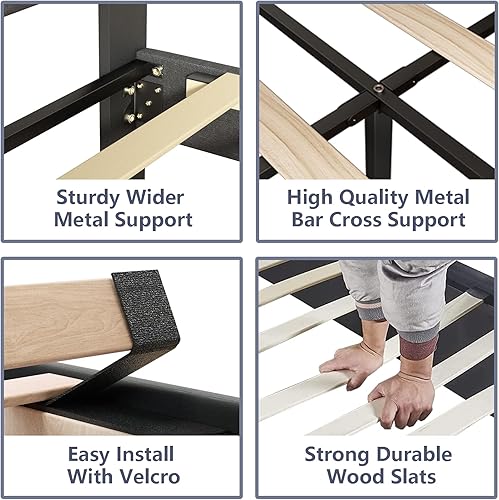 Miniatura 5 de UNIZONE Base de cama tapizada de tamaño matrimonial con cabecera capitoné, cama de plataforma con cabecera de tela de lino, soporte de listones de